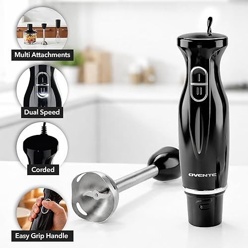 Miniatura 2 de OVENTE licuadora de mano de inmersión, set de batidora de mano portátil eléctrica de 300W con 2 velocidades de mezcla, cuchillas de acero