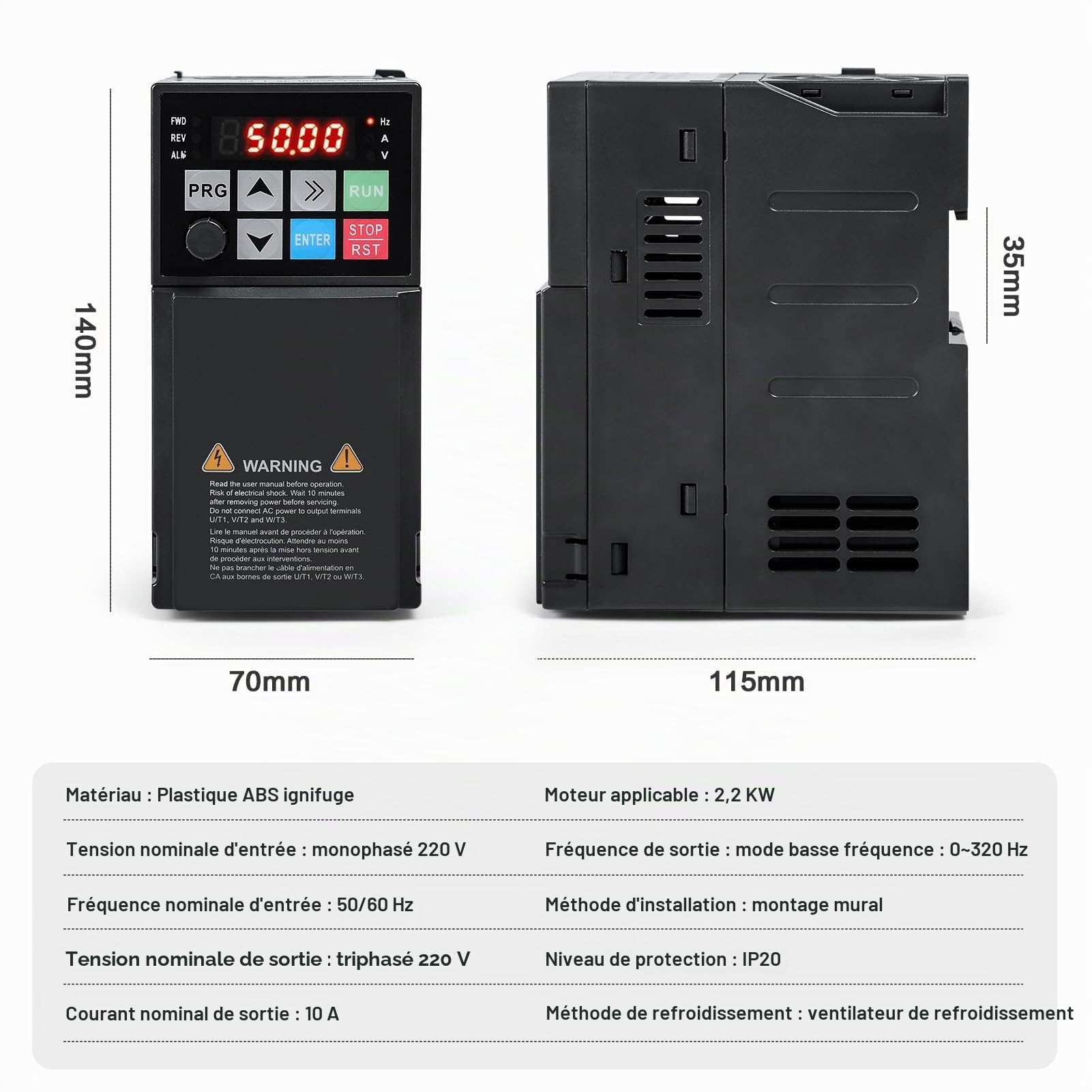 DEWIN Variateur de Fréquence 2,2 KW, VFD Convertisseur de Fréquence Contrôleur de Vitesse du Moteur Entrée Monophasée Sortie Triphasée