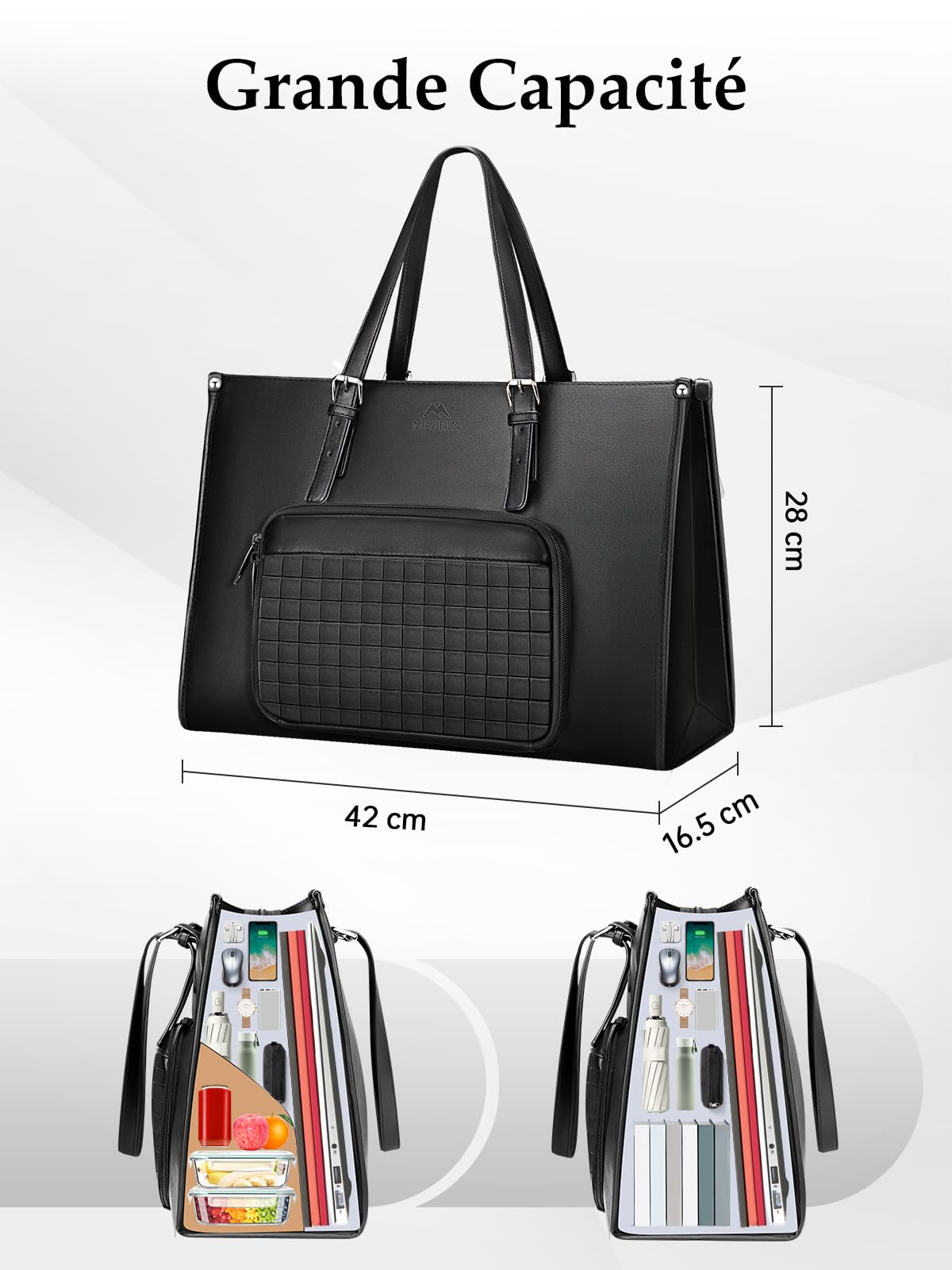 MATEIN Sac Cabas Femme Grand Format, Sac a Main pour Les Cours Lycee, Sacs de Travail Femme 15,6 Pouces Cuir PU avec Compartiment Isotherme, pour Universités, Voyage, Cours Lycee, Cadeau, Noir