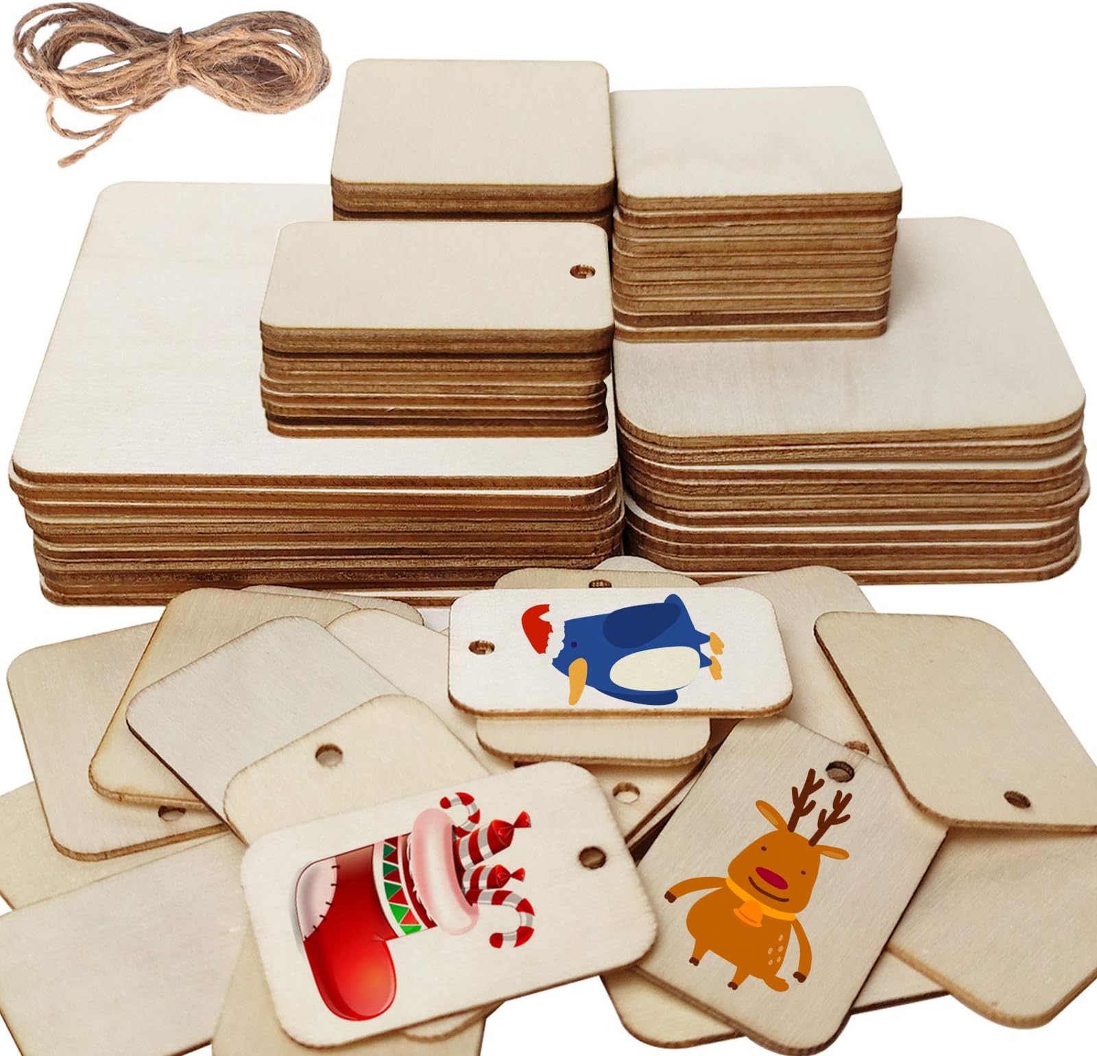 70 Pcs Unfinished Blank Wood Squares, Wooden Rectangle Craft with Hole Square Wooden Tags for Pyrography, Painting, Hanging Decorations, Festivals and Parties Decor Crafts Gifts