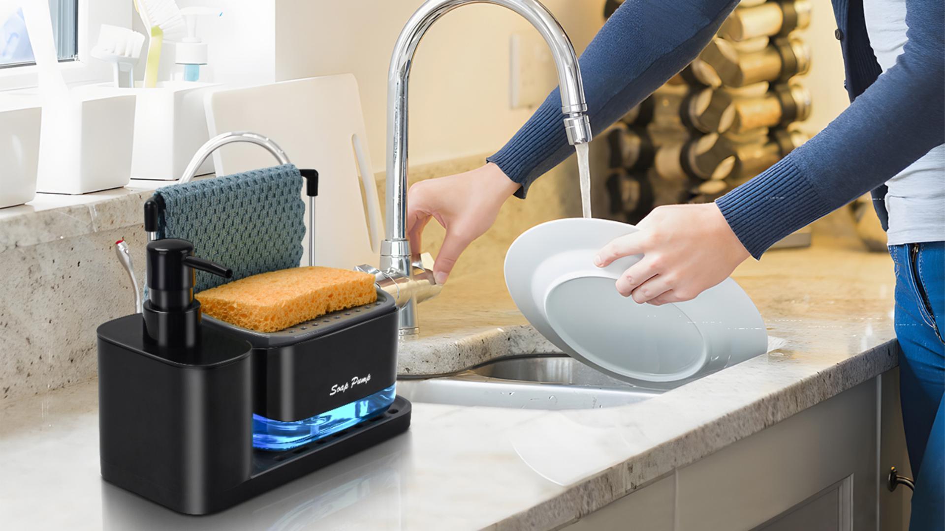 Distributeur Savon Cuisine Avec Porte-éponge | 2 Réservoirs 450ml Brosse Intégrée | Noir Mat évier
