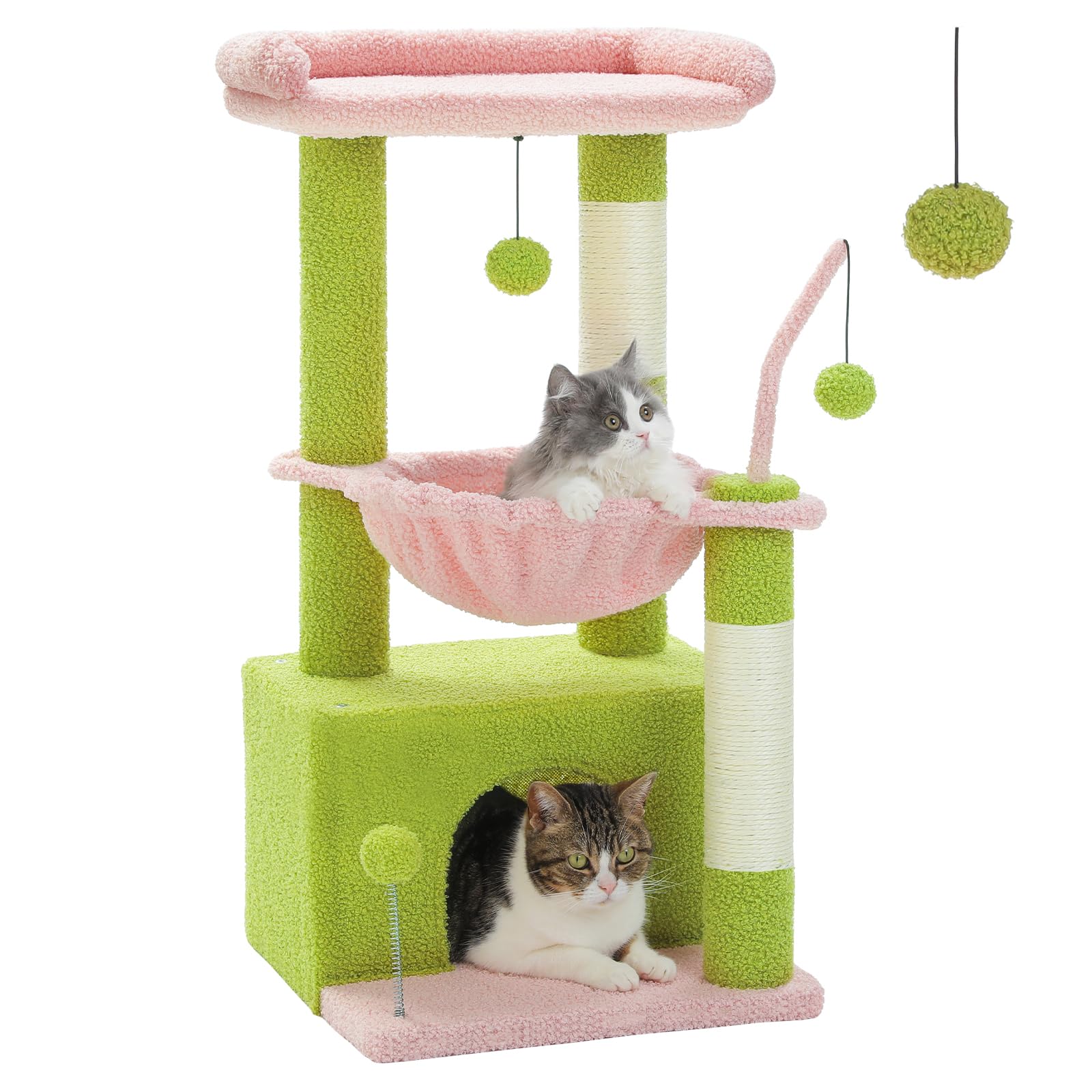 PEQULTI 4-in-1 Multi-Level Cat Tower, 33'' Pink Cat Tree for Indoor Cats with Large Condo, Scratching Post for Cats with Deep Hammock& Cozy Top Perch
