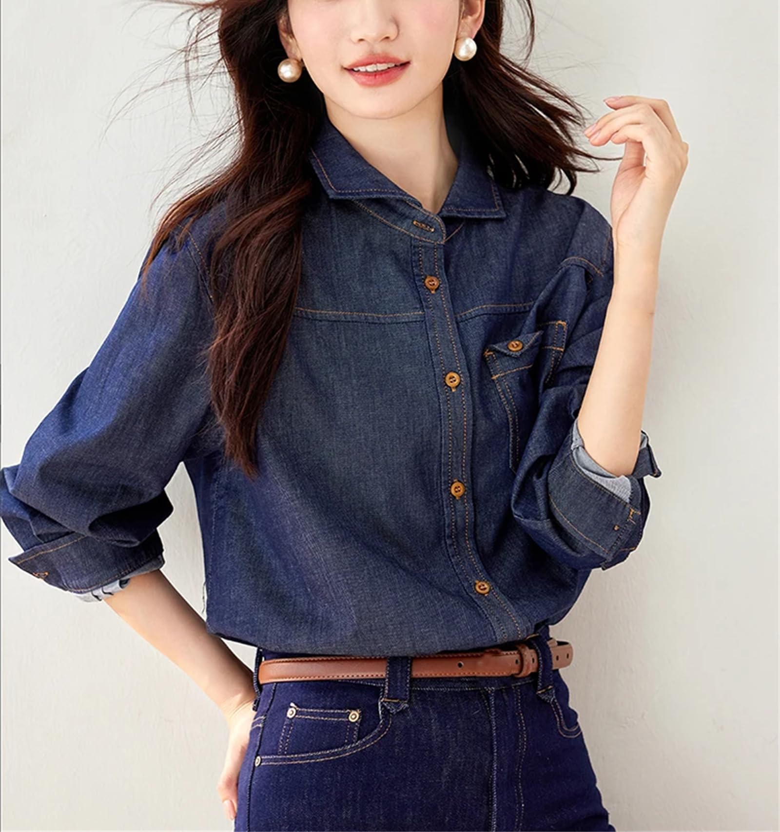 Yeuyyben Camicia da donna in denim alla moda con colletto rovesciato a maniche lunghe camicetta top allentato