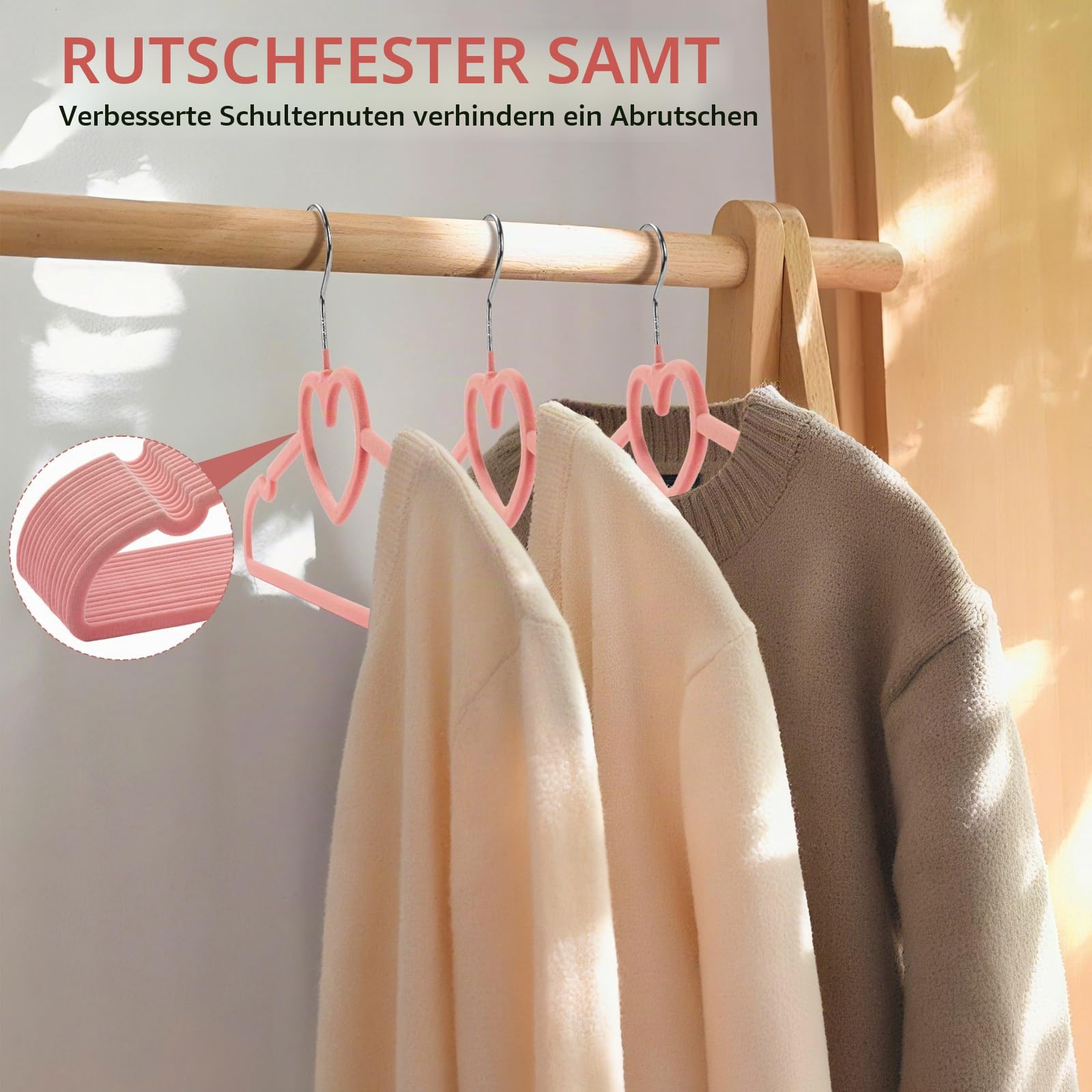 Samt-Kleiderbügel, niedliches Herz, mit 360-Grad-Drehhaken, rutschfester, dünner Filz-Kleiderbügel für Erwachsene, Mantel, Kleid, Hemd, Jacke, Hose, im Schrank, 50 Stück