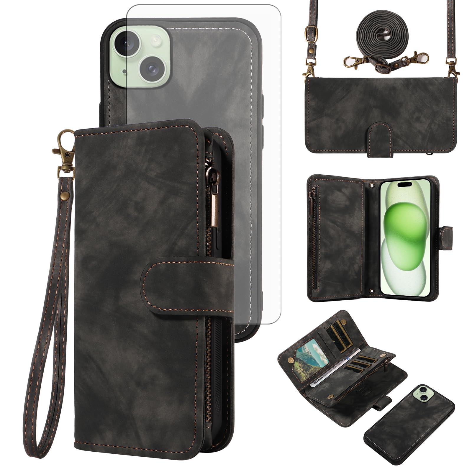 Asuwish Phone Case for iPhone 15 Plus 6.7 inch Zipper Wallet Cell Cover with Screen Protector Crossbody Strap Flip Credit Card Holder i-Phone 15+