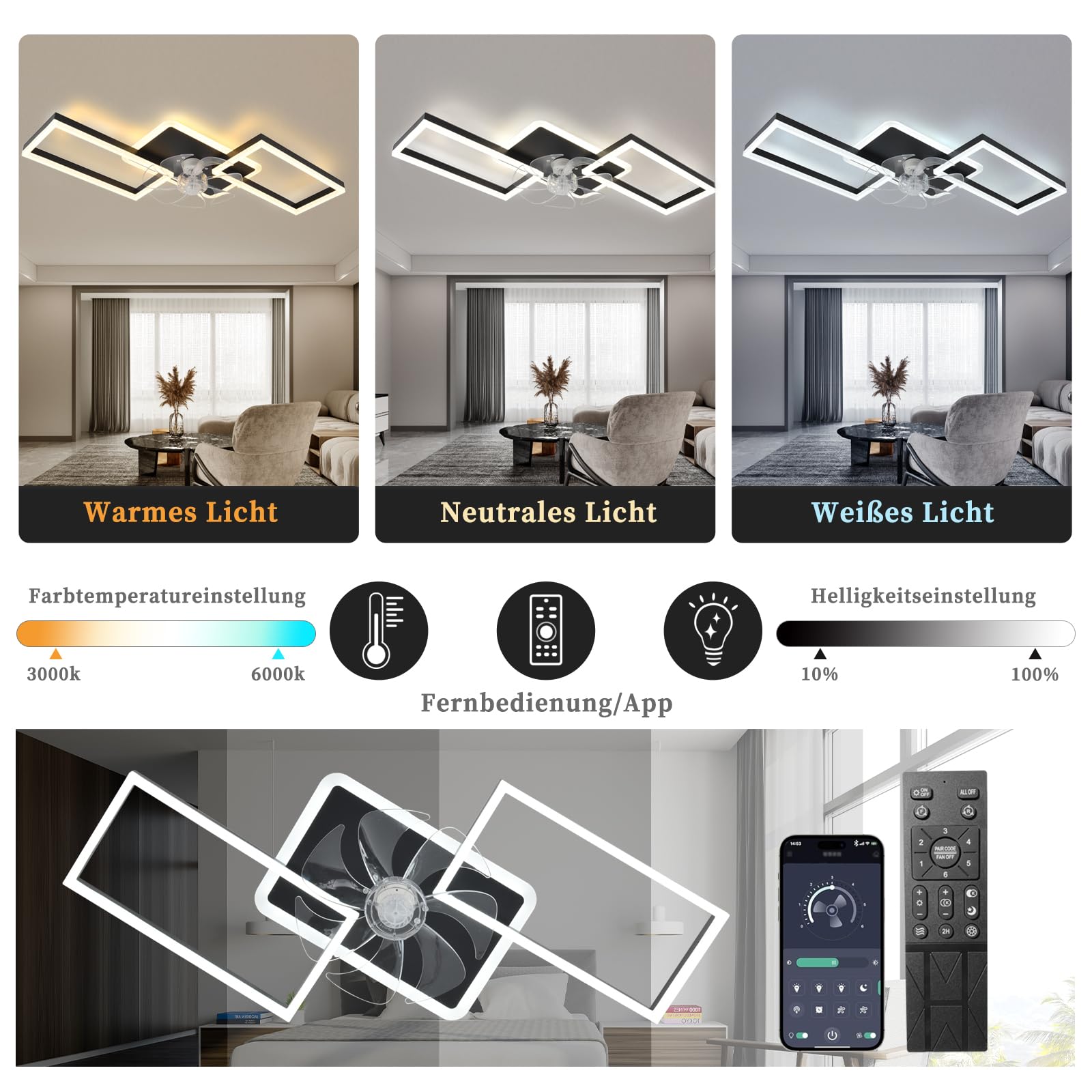 LED Deckenventilator Mit Beleuchtung,100cm Dimmbar Lampe Mit Ventilator,51W 4000lm Deckenventilator Mit Licht,deckenlampe Mit Ventilator Und Fernbedienung App Leise 6-Speed Für Schlafzimmer Wohnzimmer