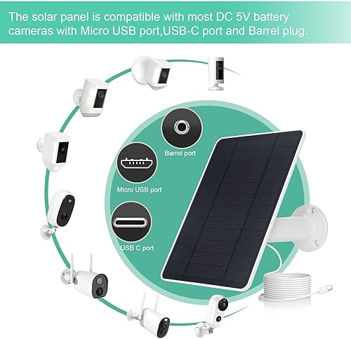 Miniatura 7 de Panel solar USB para cámara de anillo, cargador de panel solar tipo C 5 V 6 W con cable de carga impermeable de 10 pies, micro USB y USB-C y puerto