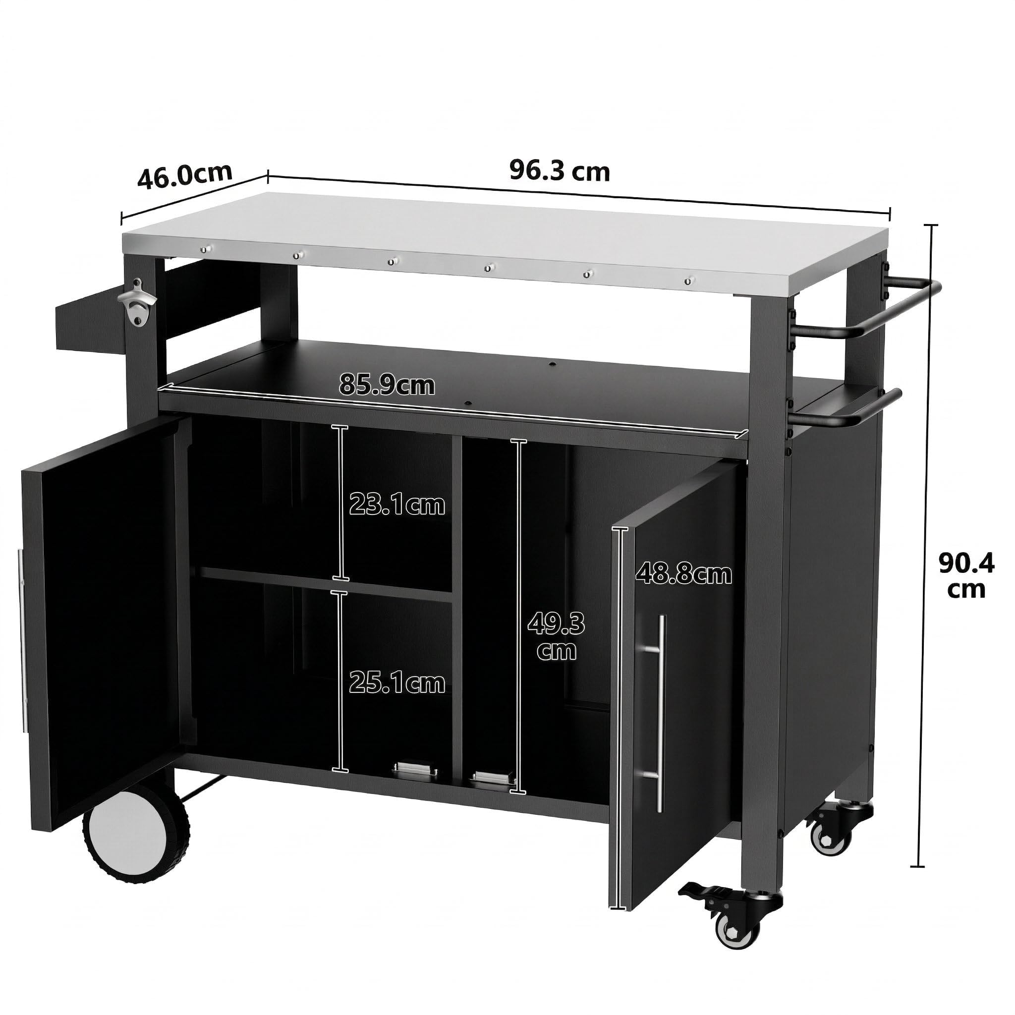 Metallschrank Outdoor mit Stauraum, Gartenschrank Wetterfest mit Haken und Gewürzregal, Outdoor Küche mit 360°-Rollen, für Terrasse/Balkon/Garten, Werkzeugschrank, Wetterfest