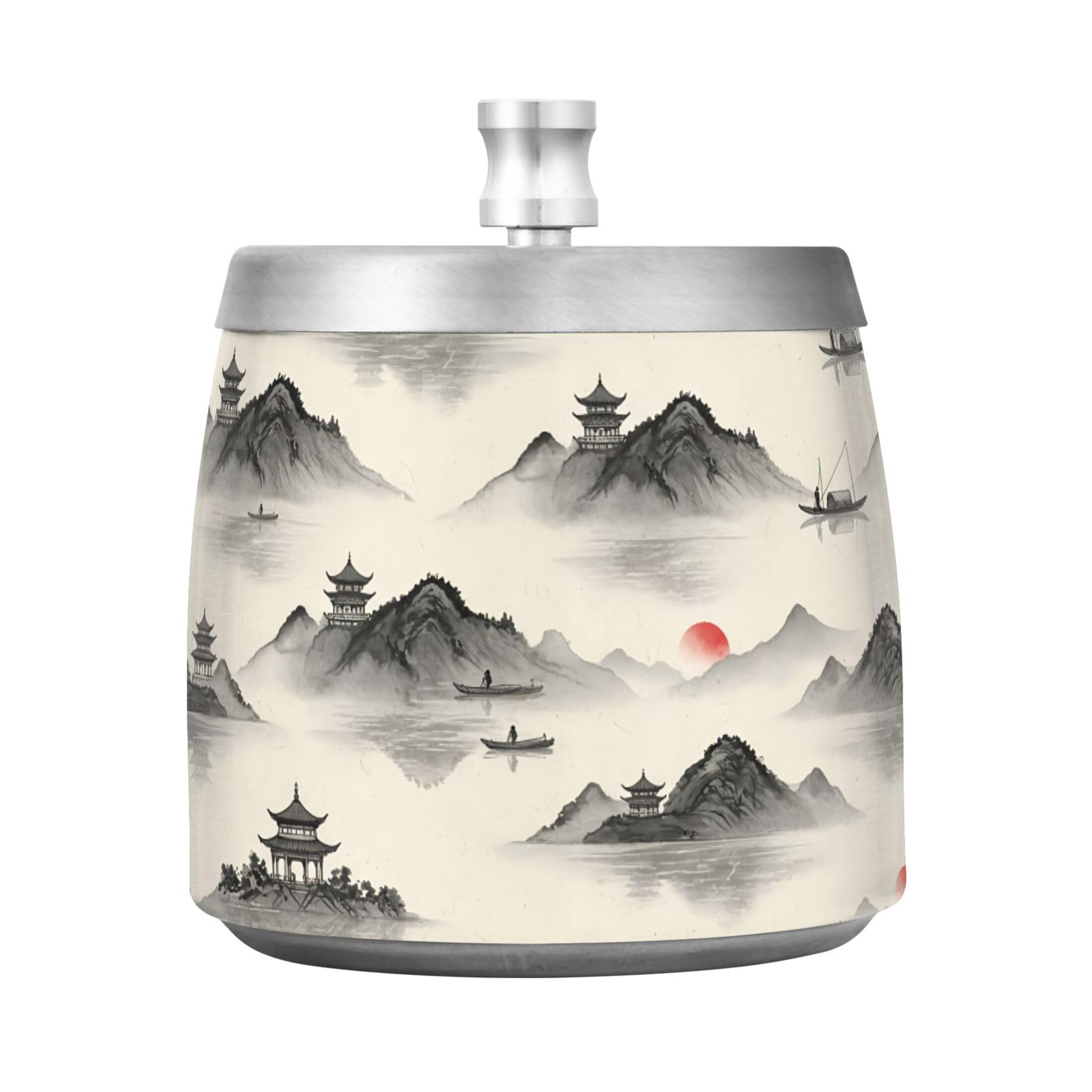 Kutsu Pavilion Ashtray for Cigarette, Smokeless Odorless Ash Tray Stainless Steel for Home Office, Anti-Slip Ashtray with Lid for Outdoor Balcony