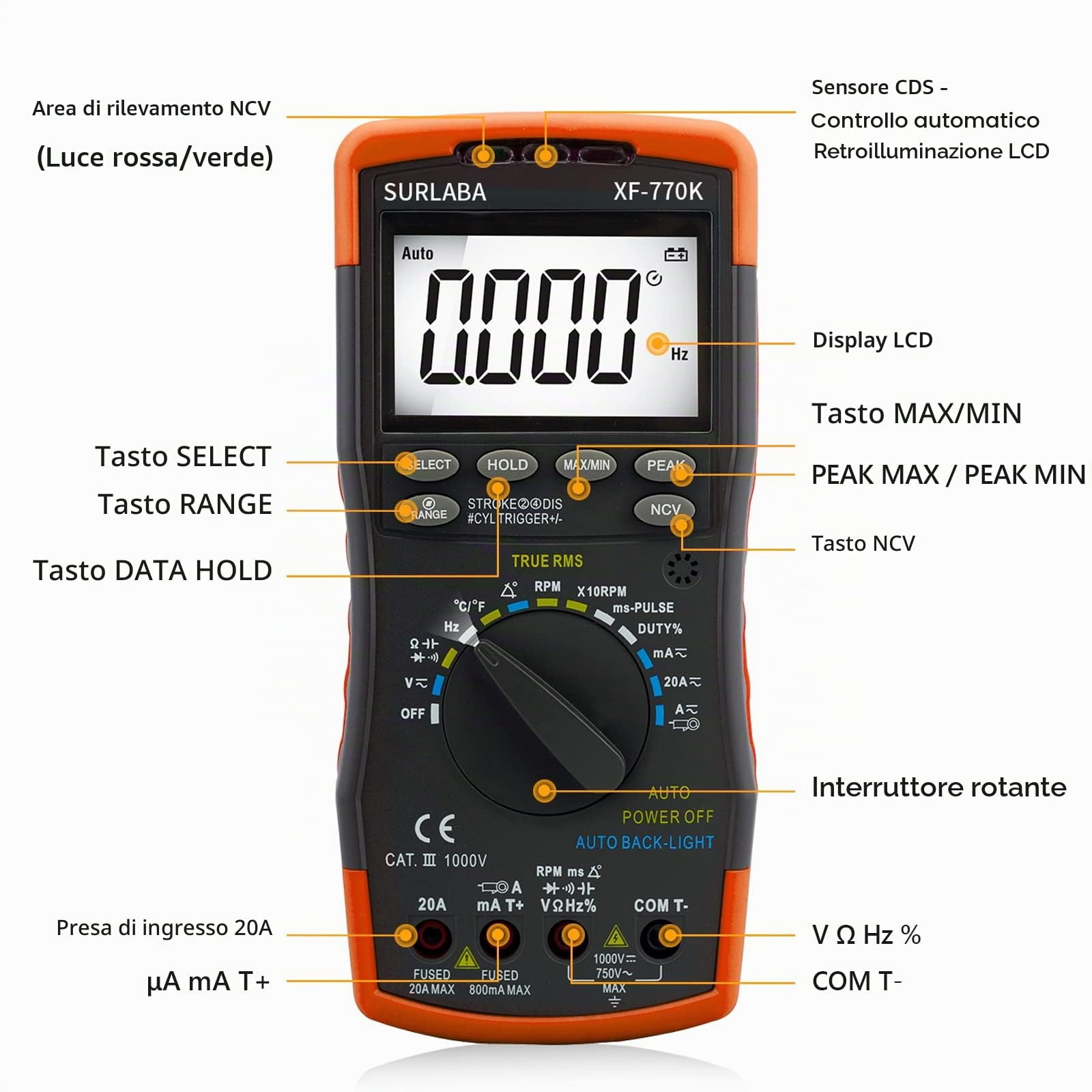 Multimetro Digitale Automobilistico & Pinza Induttiva di Raccolta del Segnale, Multitester per Tensione AC/DC, Corrente, Angolo Sosta, Larghezza Impulso, Tachimetro 600~12000RPM per Auto, Domestico