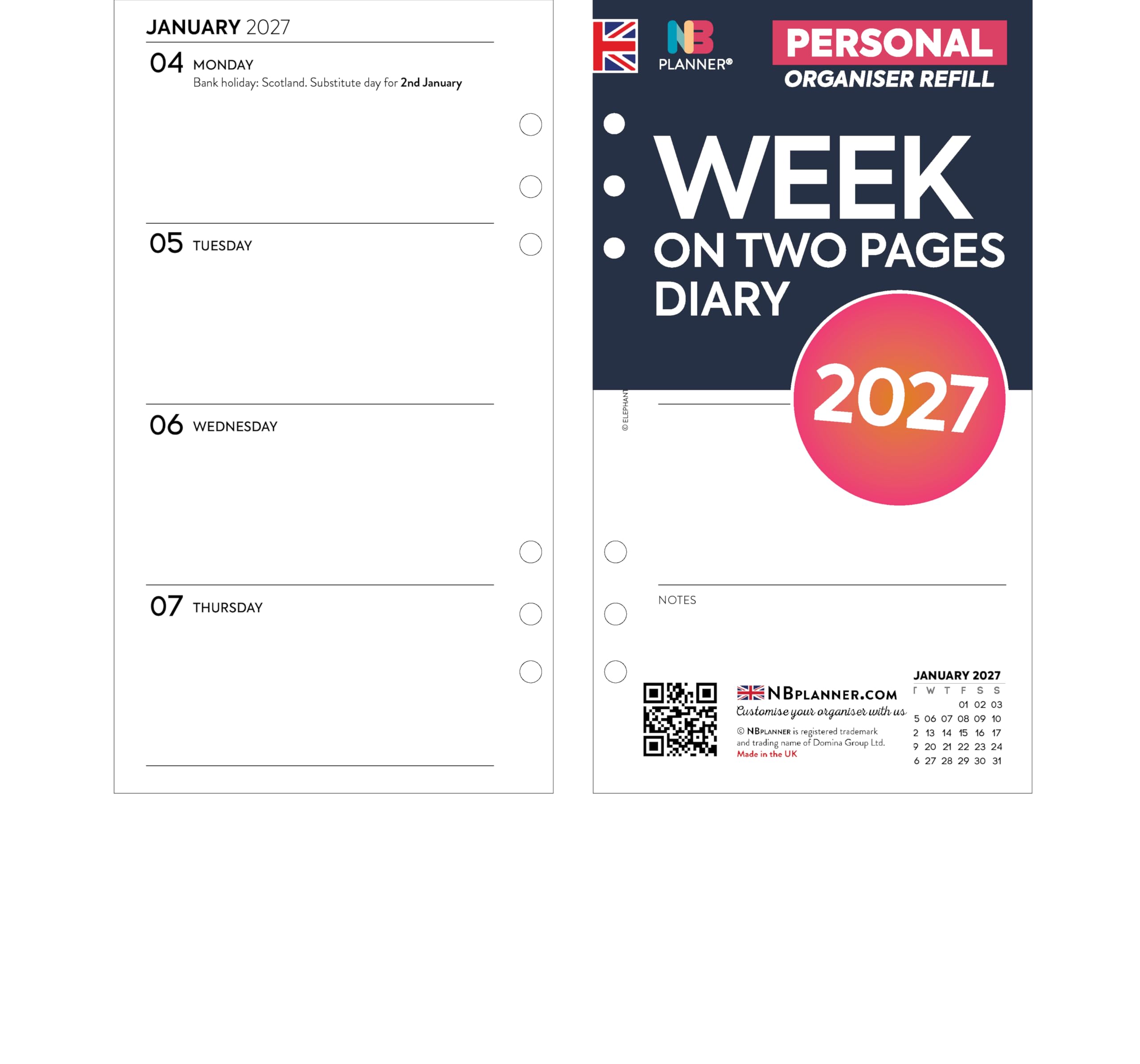 2027 Week on two pages diary refill organiser insert | January 2027 โ December 2027 | Compatible with Filofax personal size organisers | 95 x 171mm โ image 1
