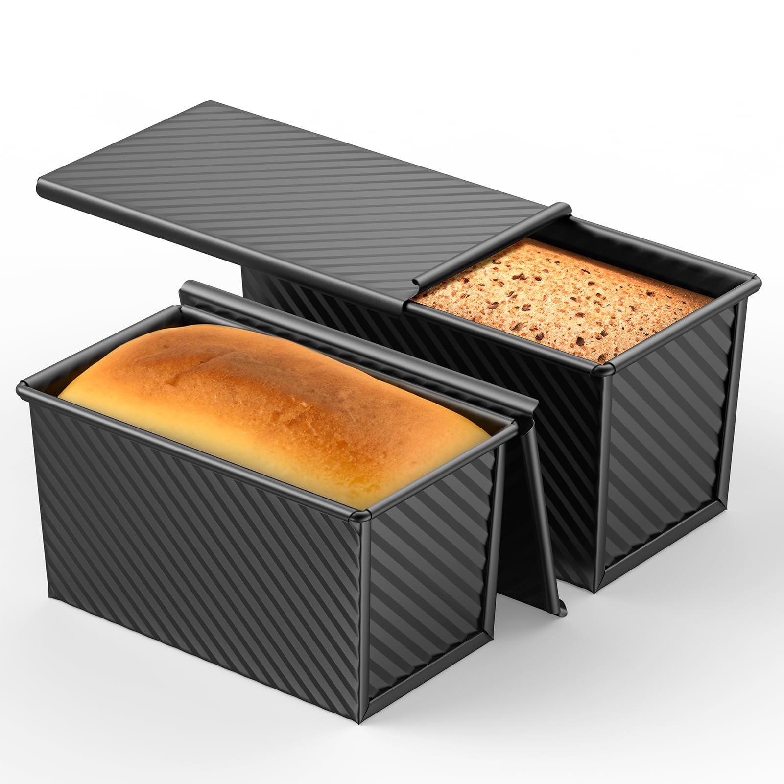 2 PCS Pullman Loaf Pan with Lid, 1Lb & 1/2 Lb Dough Capacity Bread Loaf Pans, Non-stick Coating, Carbon Steel Bread Mold, Bread Container, Toast Mold for Bakeware, Sandwich & Toast Oven Baking, Black