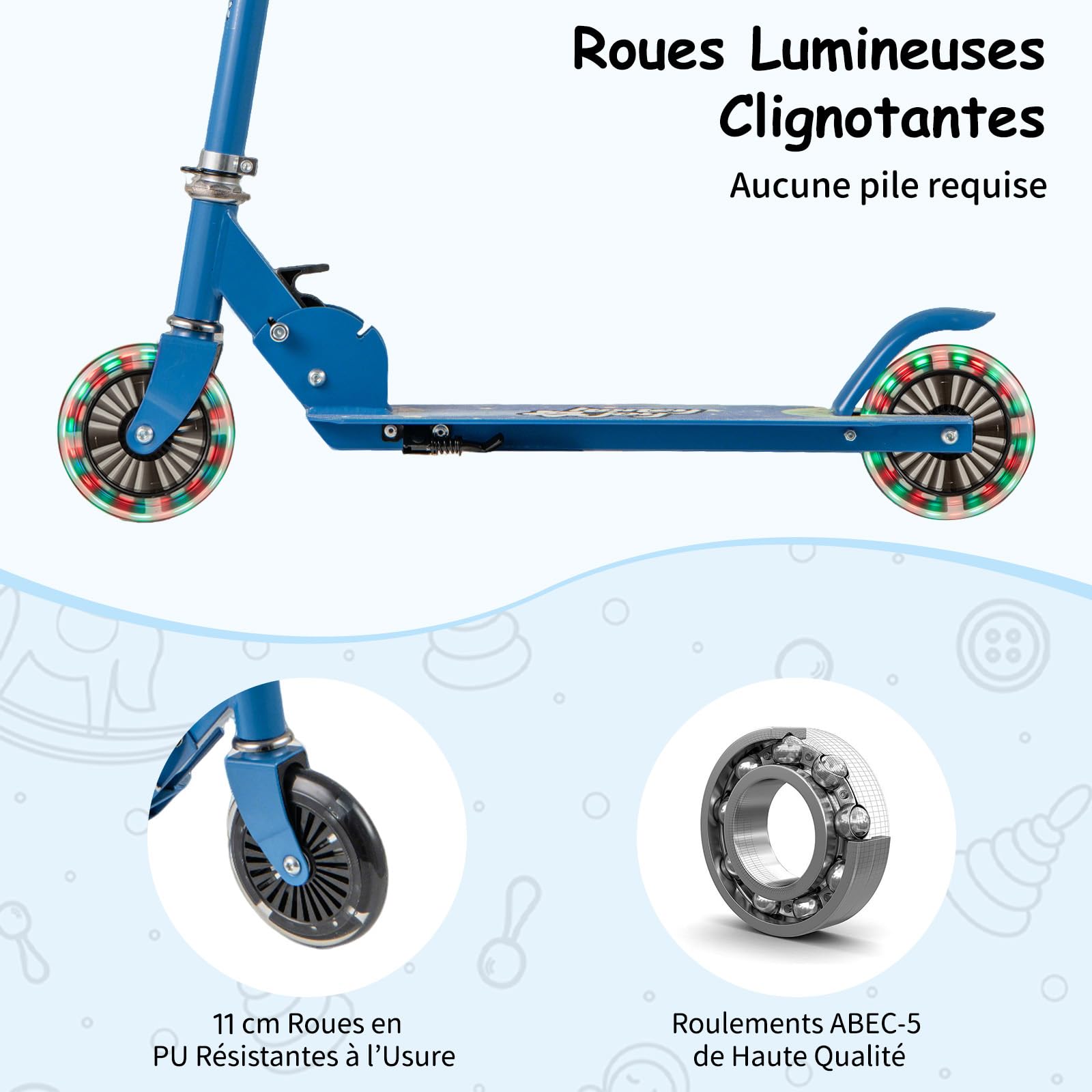 COSTWAY Trottinette Enfant Pliable – 3 Hauteurs Réglables, Roues 110mm Clignotantes, Frein Arrière, Charge 50kg, Pour 3-8 Ans