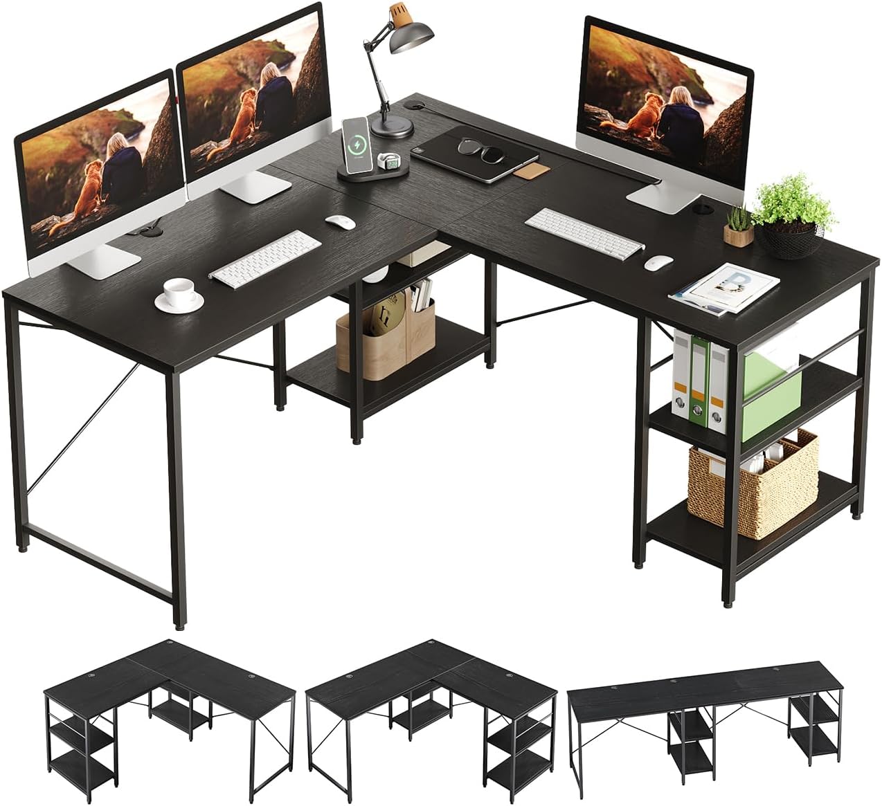 Bestier 95.2” L Shaped Desk, Reversible Corner Computer Desk or 2 Person Long Table with Adjustable Shelves, Large Writing Study Workstation with 3 Cable Holes - Black