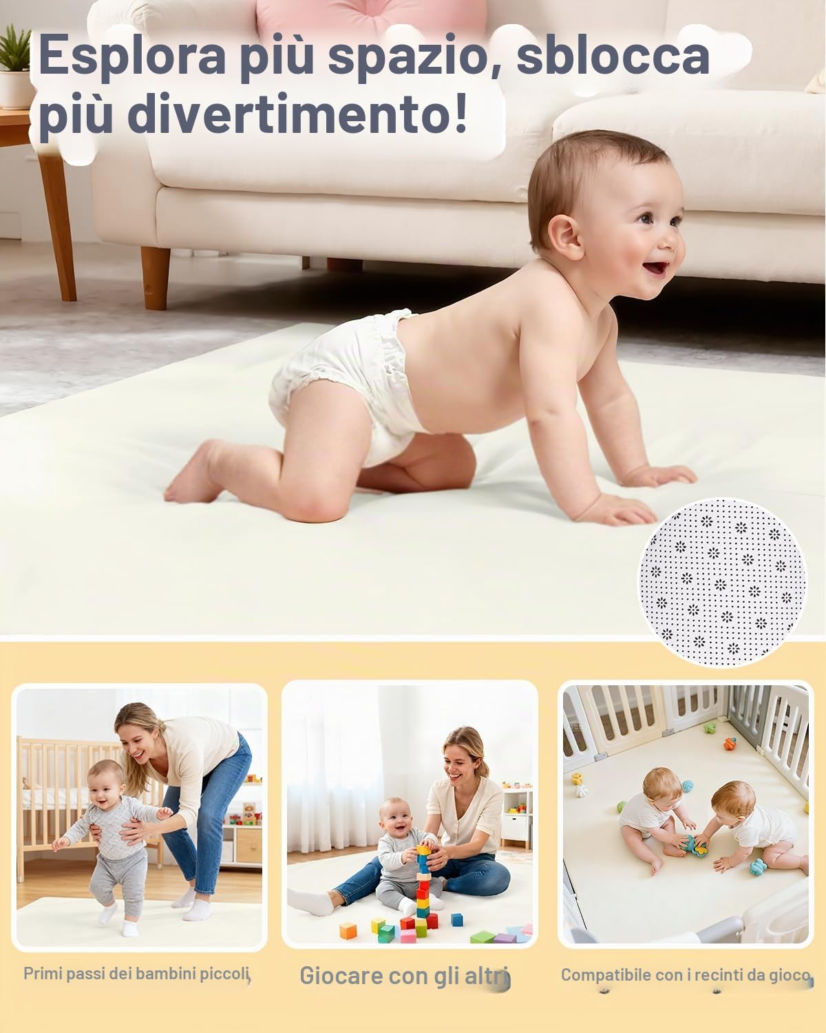 Tappeto Gioco Bambini,Spessi Tappeto Gioco Base Antiscivolo | Neonato Imbottitura In Foam & Superficie Morbida,Facile Da Pulire,Tappeto Tummy Time Per Cameretta Recinto ,120x120cm,Beige