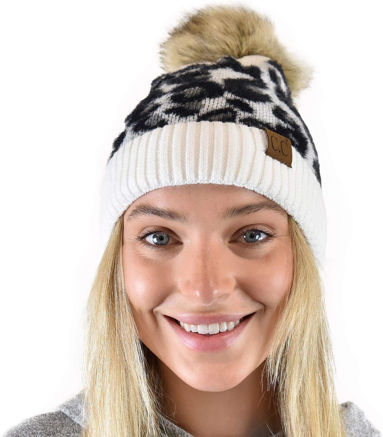 C.C Animal Print Soft Warm Knit Cuff Faux Fur Pom Beanie