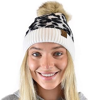 C.C Animal Print Soft Warm Knit Cuff Faux Fur Pom Beanie, Ivory