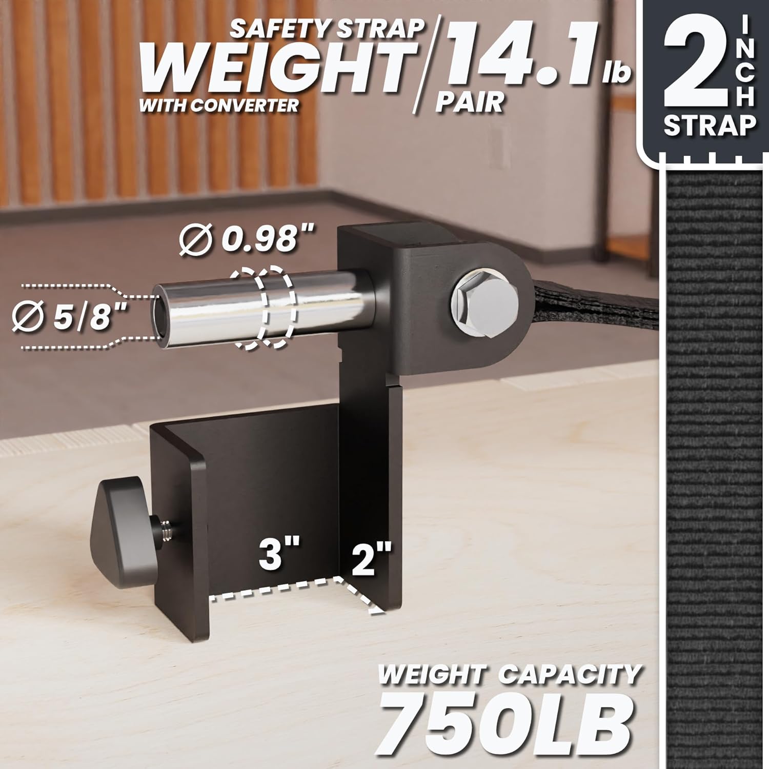 Synergee Safety Straps for Power Racks – Barbell Catch Straps with Quick-Mount Brackets & 5/8"-1" Hole Converters – 750 lb Capacity – Fits 2x2, 2x3 & 3x3 Racks