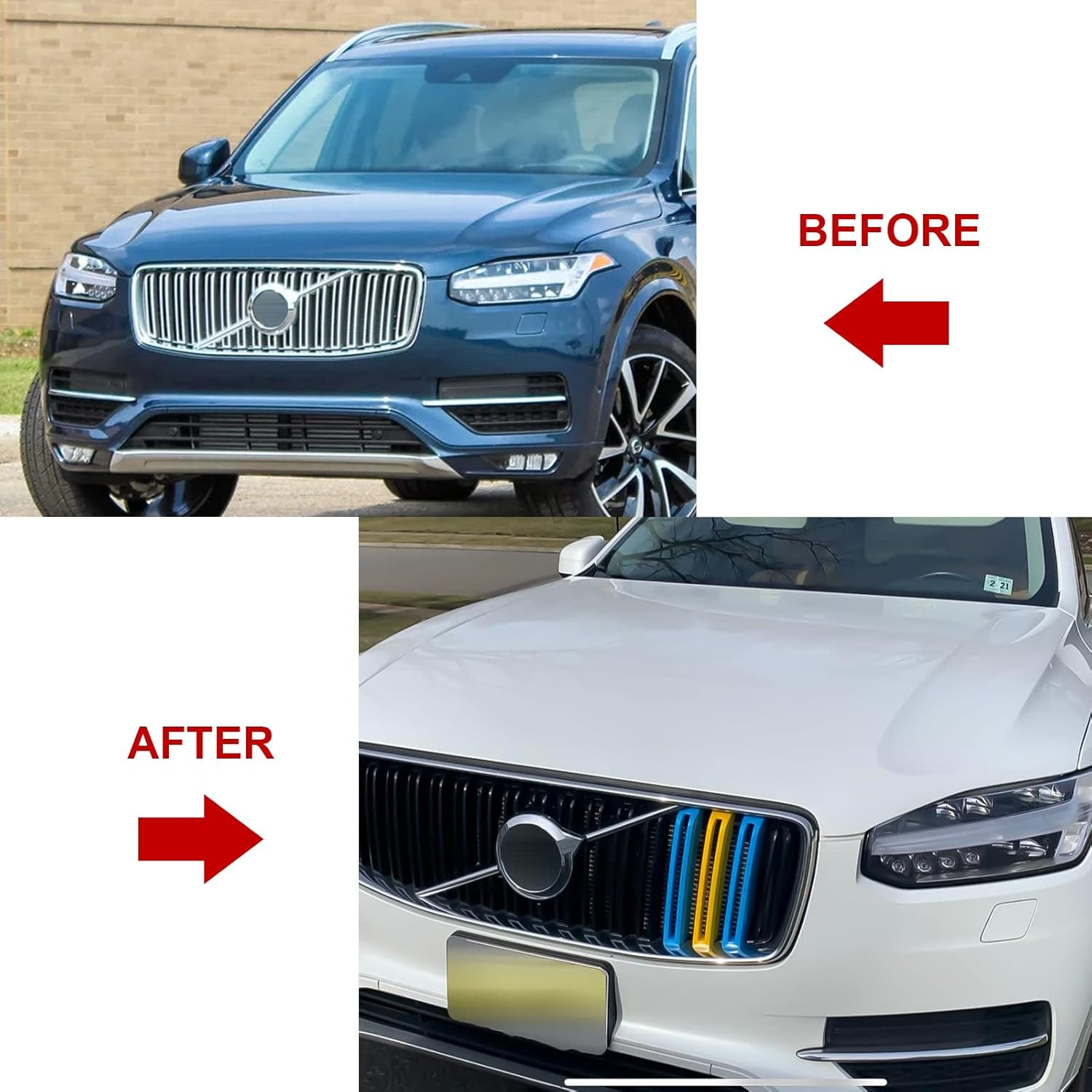x xotic tech Sweden Flag Color Tri Grille Insert Trims Strips, Front Center Kidney Grilles Compatible with Volvo XC90 Pre-LCI 2nd Gen 2016-2019 (17 Beams)
