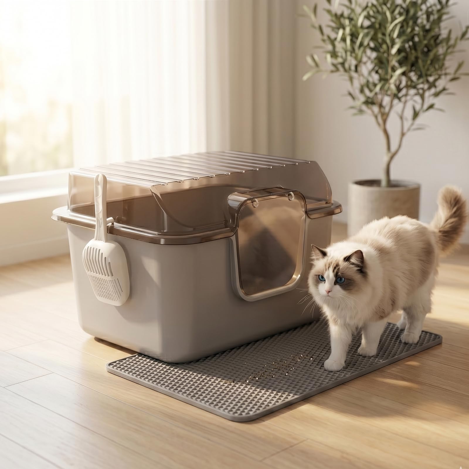 Oneluck Caja de arena grande para gatos con cubierta, alfombrilla y cuchara, caja de arena cerrada para gatitos con tapa y solapa de puerta delantera para portabilidad y privacidad, gris