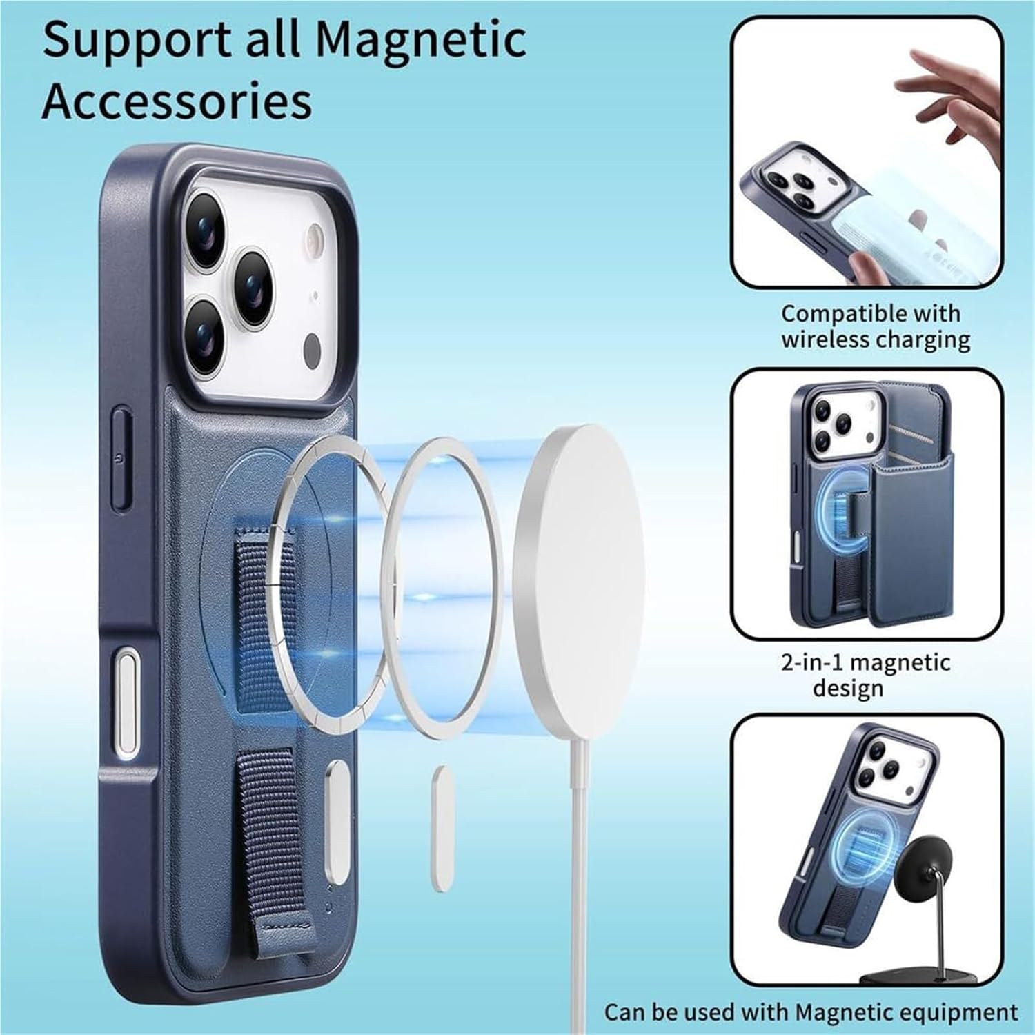 Leather Business Style Wallet Case for iPhone 17/17 Air/17 Pro/17 Pro Max, Magnetic Suction Detachable Slim Cover with Wireless Charging(Black,17 Pro)