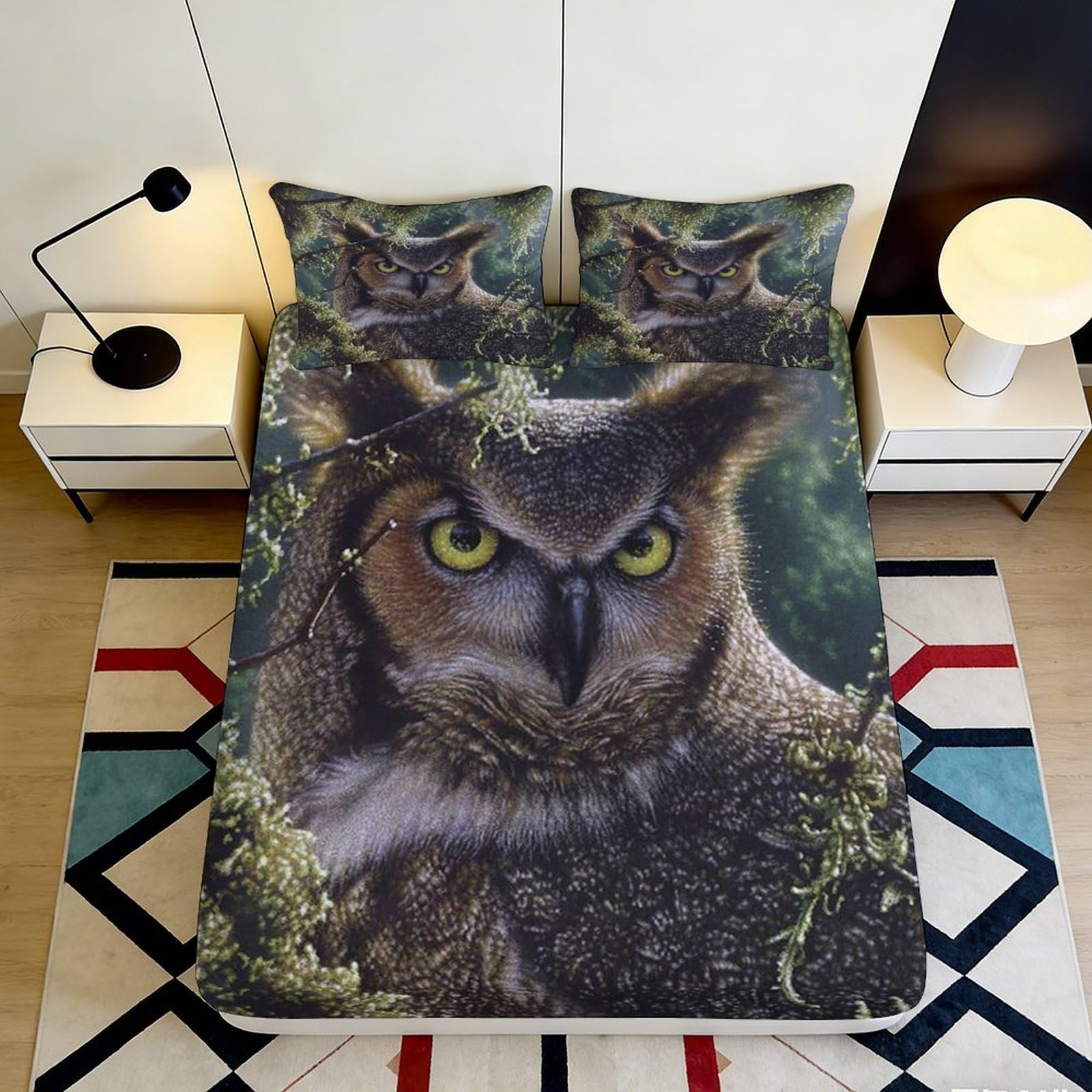3D Printed Owl Forest Fitted Sheet Microfiber Soft Breathable Night Eyes Mattress Cover for Bedroom Dorm Decor 90x200x25cm