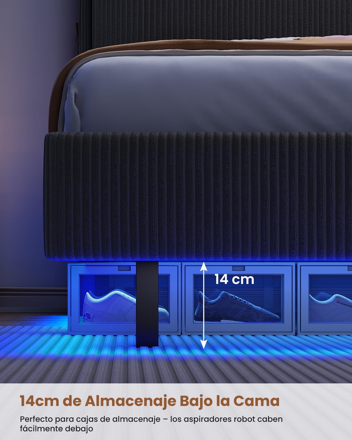 AOGLLATI Cama Matrimonio 180x200 con Almacenamiento Pana Gris Oscuro | Cama con Efecto Visual Levitante Cama con 270°LED y Estación de Carga, Cama Juvenil con Cabecero Marco de Cama Canape