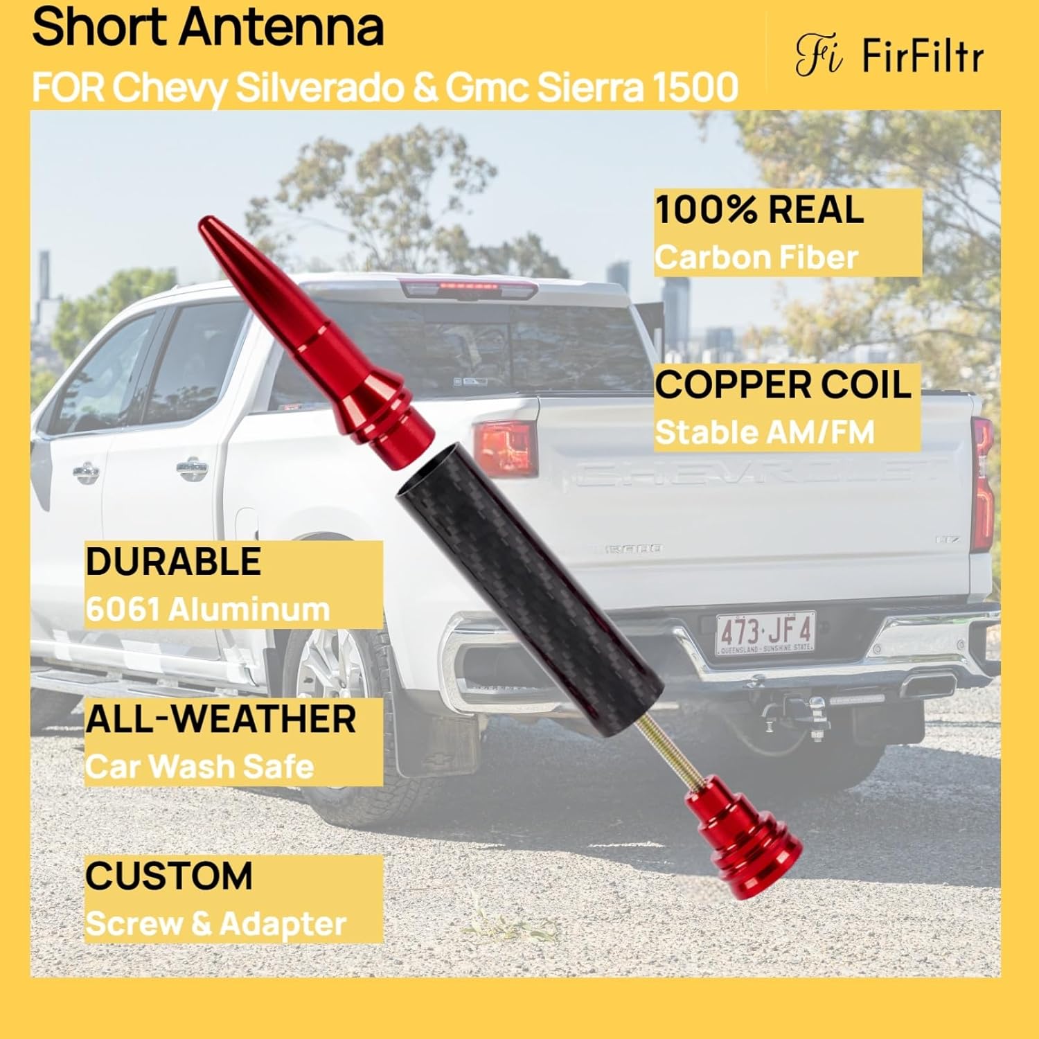 Carbon Fiber Truck Antenna for Chevy Silverado 1500 2500 3500 & GMC Sierra 1999-2025 2026,Chevy Silverado Antenna Truck Accessories,Short Car Video Antennas (5.5''-Red Carbon Fiber 50 Cal Bullet)
