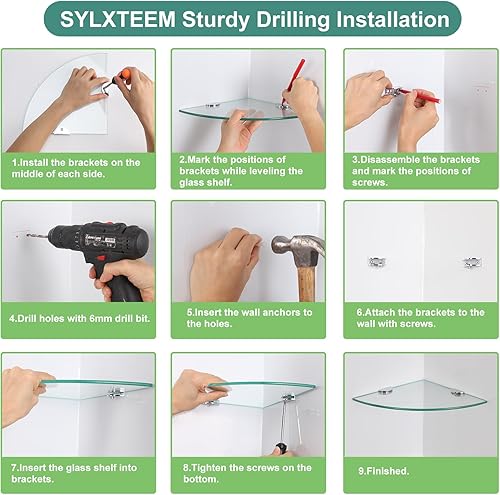 Miniatura 7 de Estantes esquineros de vidrio para baño, estante de baño de vidrio para pared, estantes de vidrio flotantes para montaje en pared con soportes de