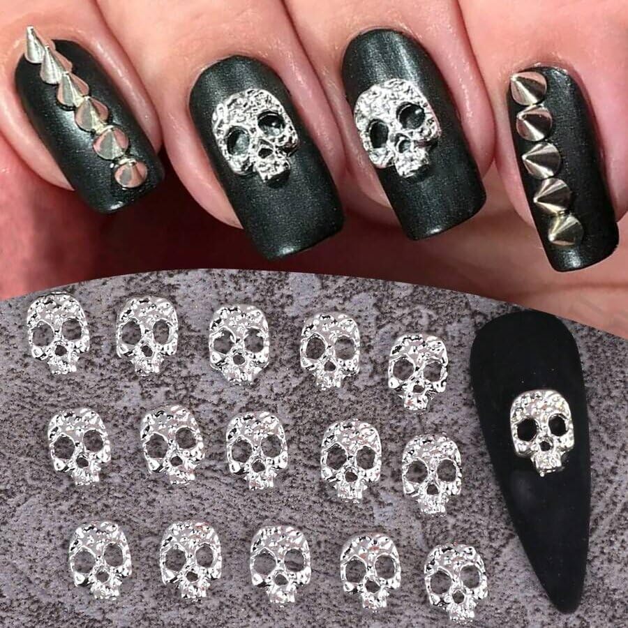 20PCS Halloween Nail Charms for Acrylic Nails 3D Silver Alloy Nail Art Charms Cute Skeleton Head Nail Art Gems and Charms Halloween Nail Jewelry Head Nail Rhinestones Supplies for DIY Manicure