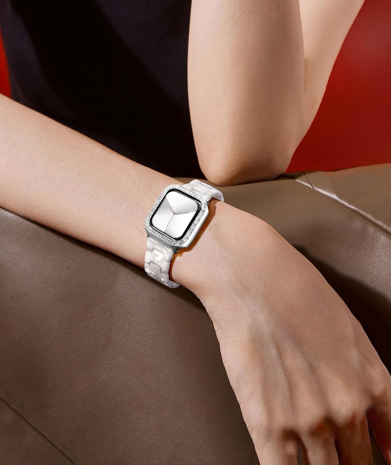 Resin Watch Band with case Compatible with Apple Watch Band 40mm 41mm 44mm 45mm Women Men Watch Strap with Glitter Bling Protective Cover Wristband for iwatch Series 8 7 se se2 6 5 4, Pearl