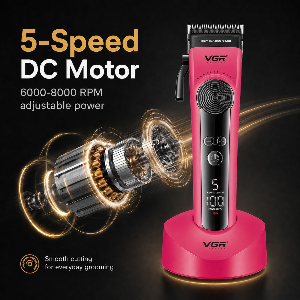 VGR 199 Professional Cordless Hair Clippers for Men, 5-Speed Mens Hair Clippers with LED Display, Rechargeable Clipper with Charging Base & 6 Guide Combs–Home Barber Kit, Pink