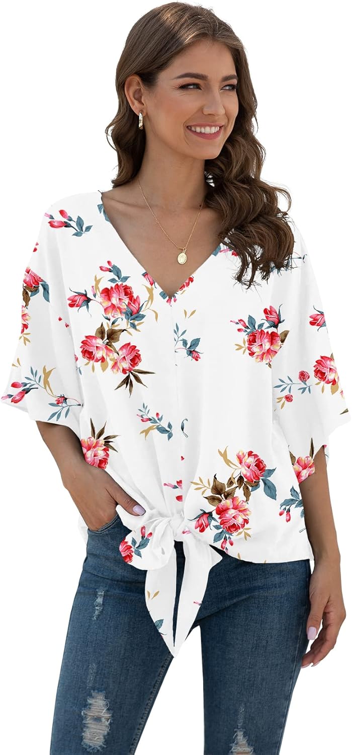 VIISHOW Womens Tie Front Chiffon Blouses V Neck Batwing Short Sleeve Summer Tops Shirts - Image 2