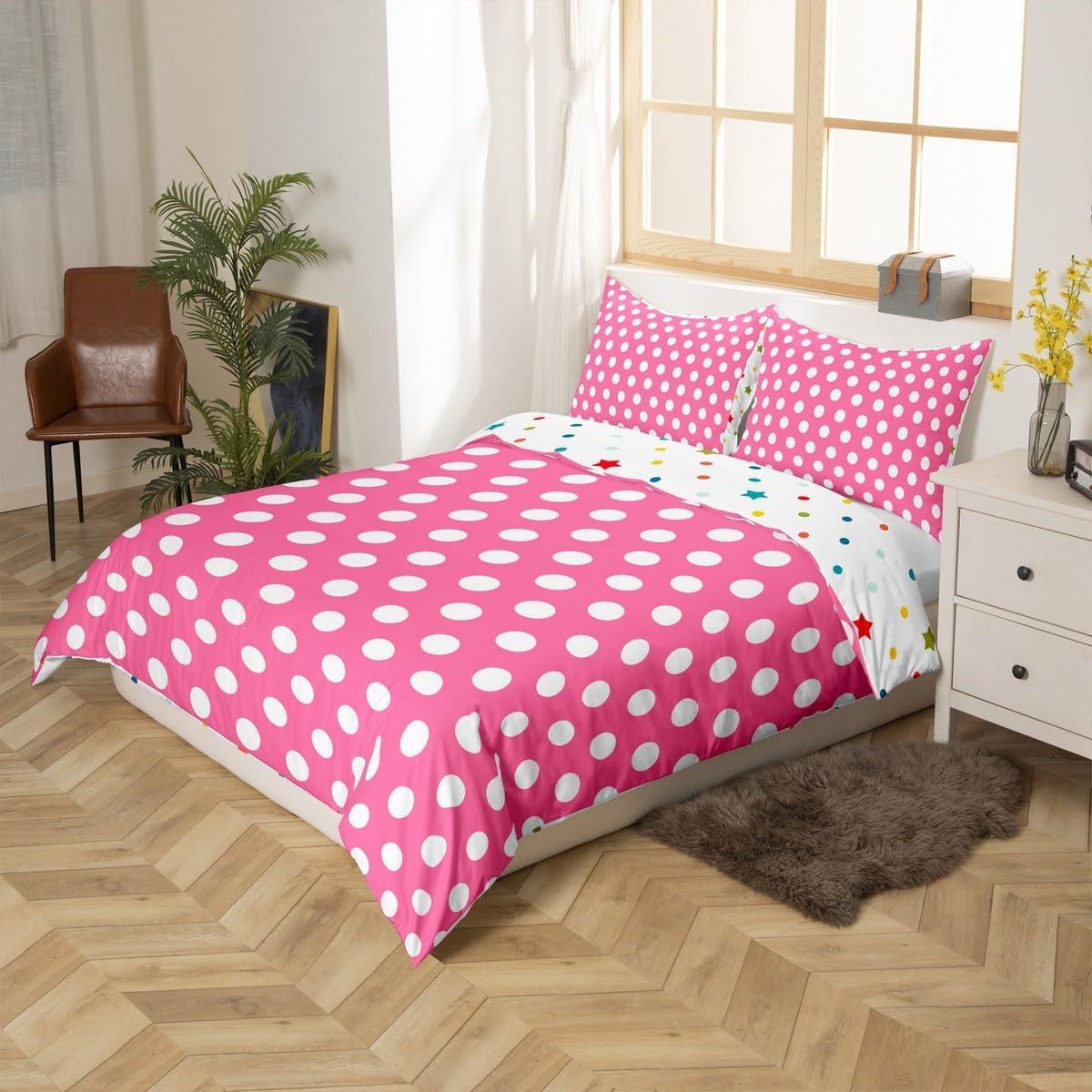 Juego de ropa de cama con diseño de lunares, color rosa y blanco, estampado geométrico, tamaño M, para niños y niñas, arte moderno y sencillo, incluye 1 funda nórdica de 155 x 220 cm y 1 funda de