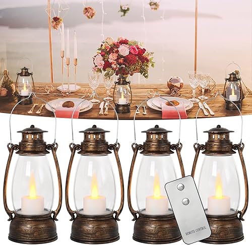 Reperla Farol decorativo con control remoto vintage, paquete de 4 faroles LED parpadeantes de buen tamaño, linterna portátil para interiores y