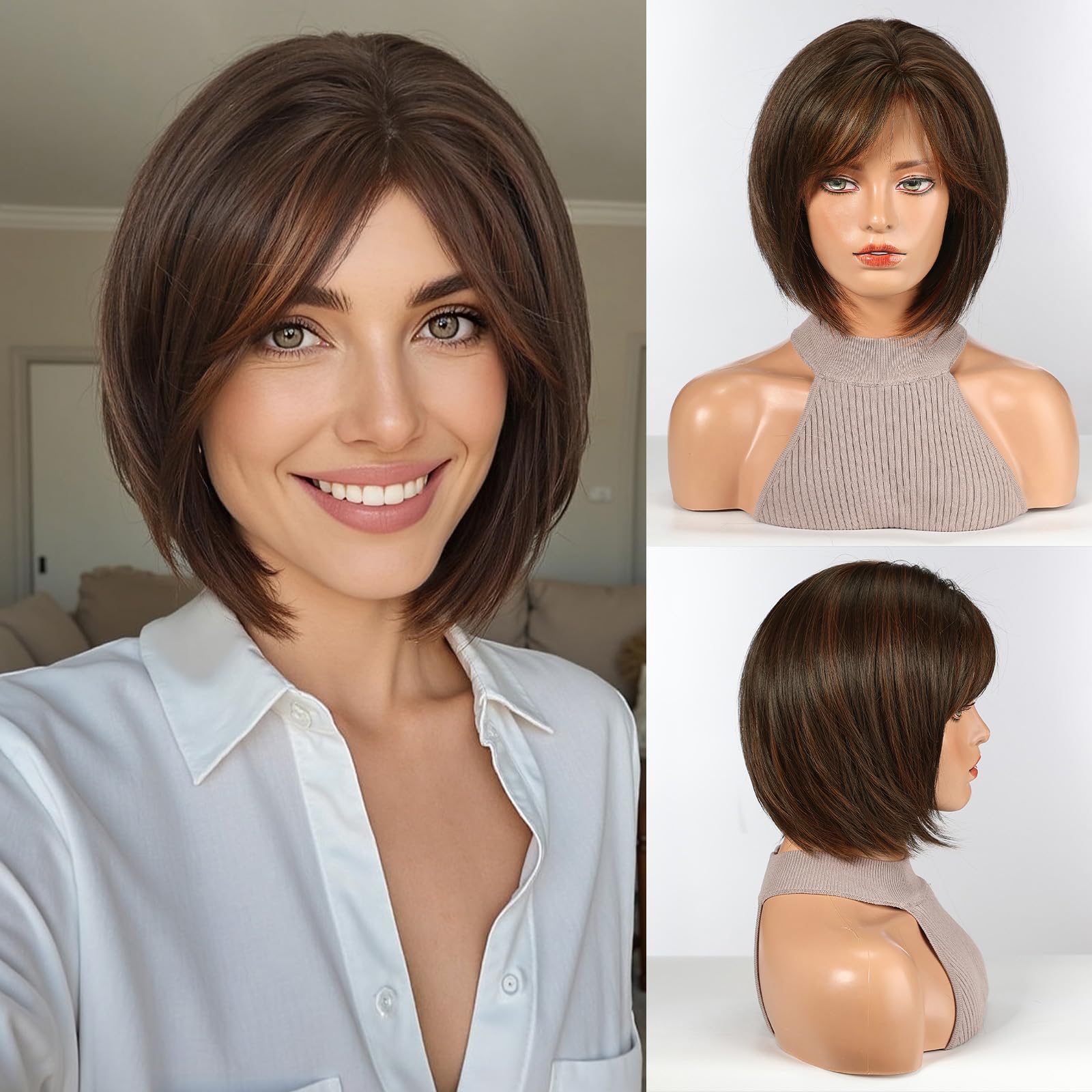 HAIRCUBE Bob Wigs for Women Synthetic Wig with Fringe Brown with highlight Color Brown with highlight Short