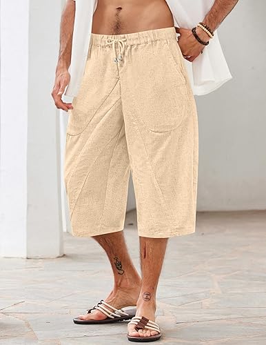 Miniatura 8 de COOFANDY Pantalones capri harén de lino para hombre, casuales, ligeros, con cordón, pantalones de yoga, holgados, 34, pantalones de playa