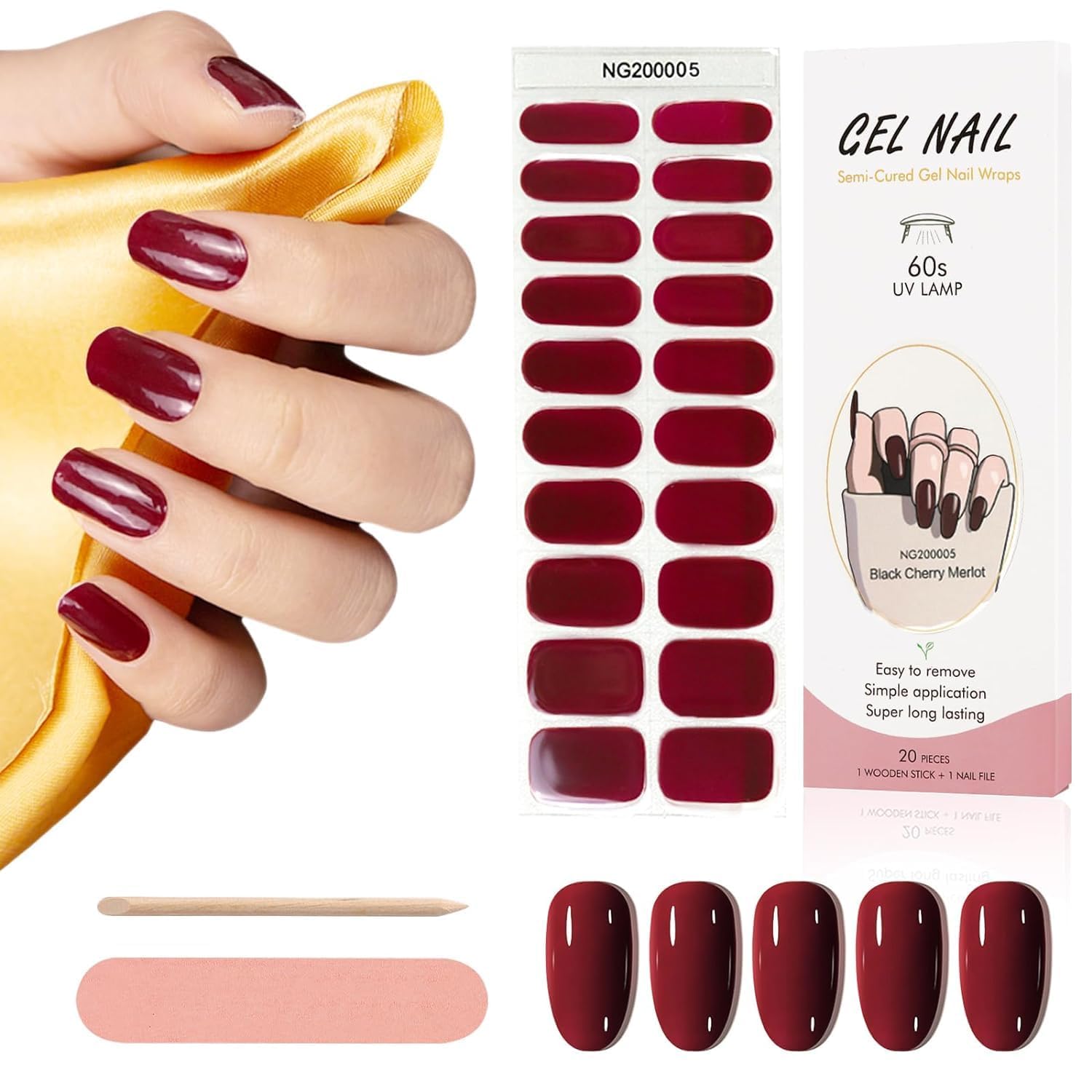 Cazuela Solid 16PCS Gel Nail Polish Stickers Full Nail Wraps for Women Kit with Nail Classic Nail Gel Strips Nail Wraps Gel Polish Strips Nail Art Stickers for Women Girls (06 Brick Red)