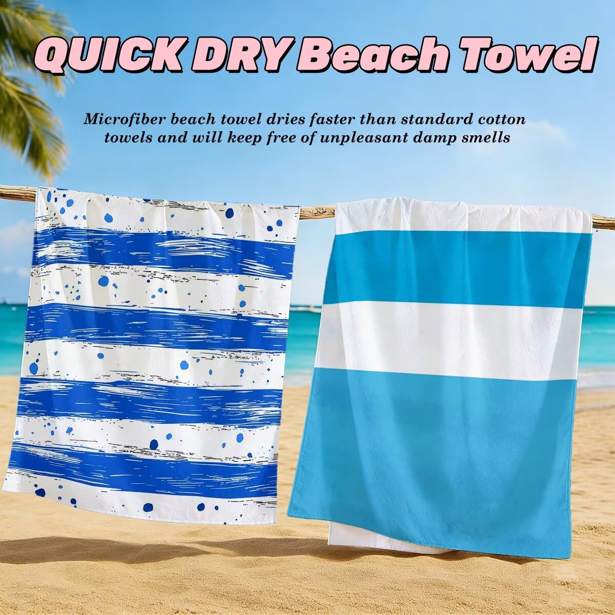 Serviette de Plage Microfibre, Lot de 2 Serviette de Bain Grande Taille 100x220 cm, Séchage Rapide Drap de Bain Rayé, Anti Sable Serviettes de Plage, Serviettes Microfibre Sport pour Travel -5148