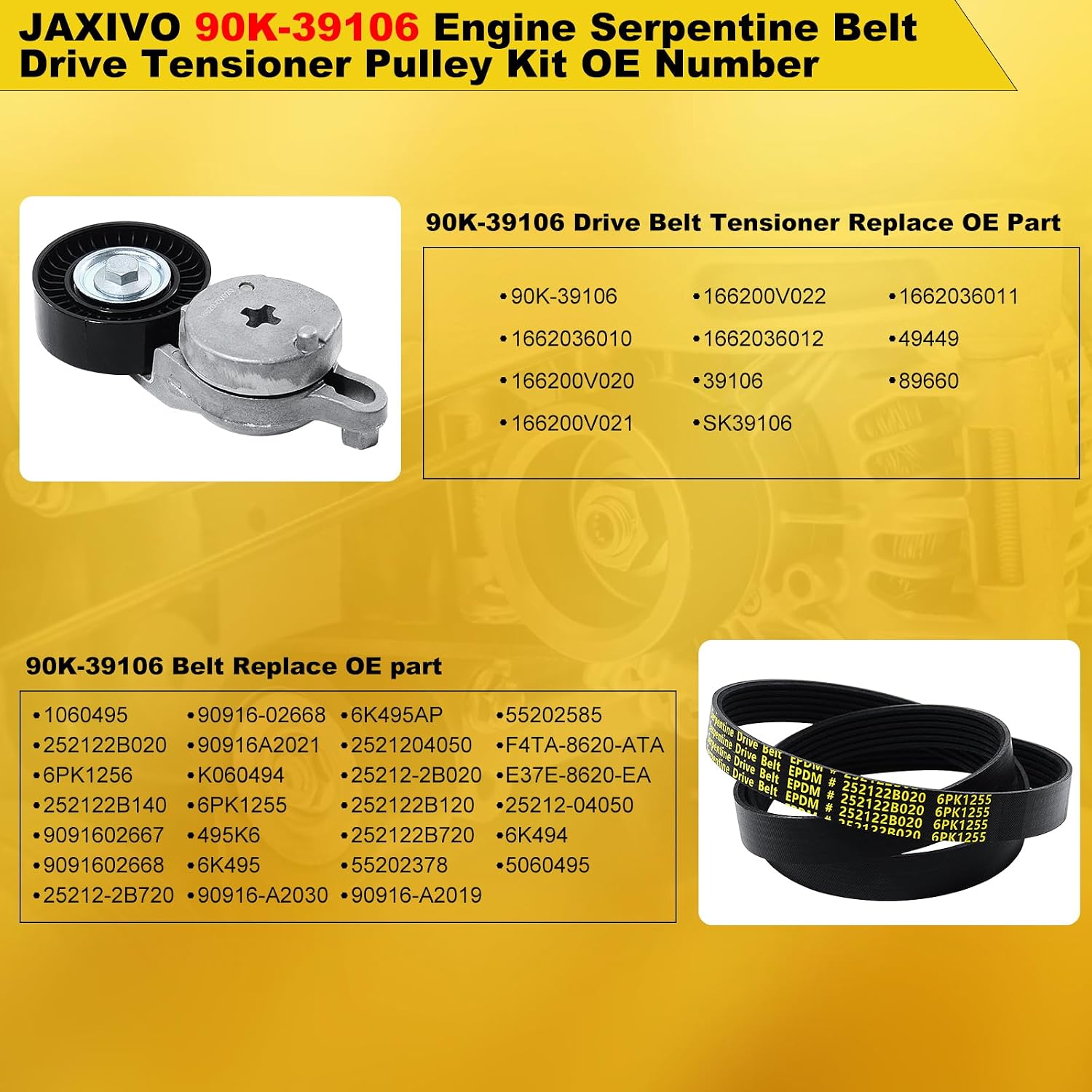 90K-39106 Serpentine Belt Drive Tensioner Component Kit for 12-17 Camry,10-18 RAV4,11-16 Scion tC,Fits L4 2.5L DOHC Engine Only,Replace 6PK1256,39106,1662036010