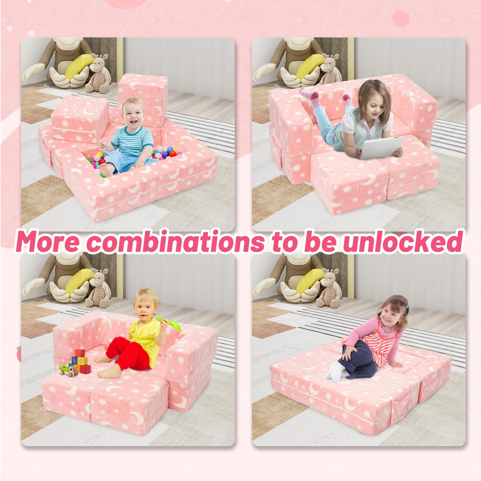 Sillón Bebe, Plegable Sofa Infantil, Sillón Infantil 2 en 1, Sofá Cama Convertible Tumbona, Silla Ancha Suave Funda Extraíble, Rosa Estampado Estrellas, Brilla Oscuridad, Regalo Día Niño Cumpleaños