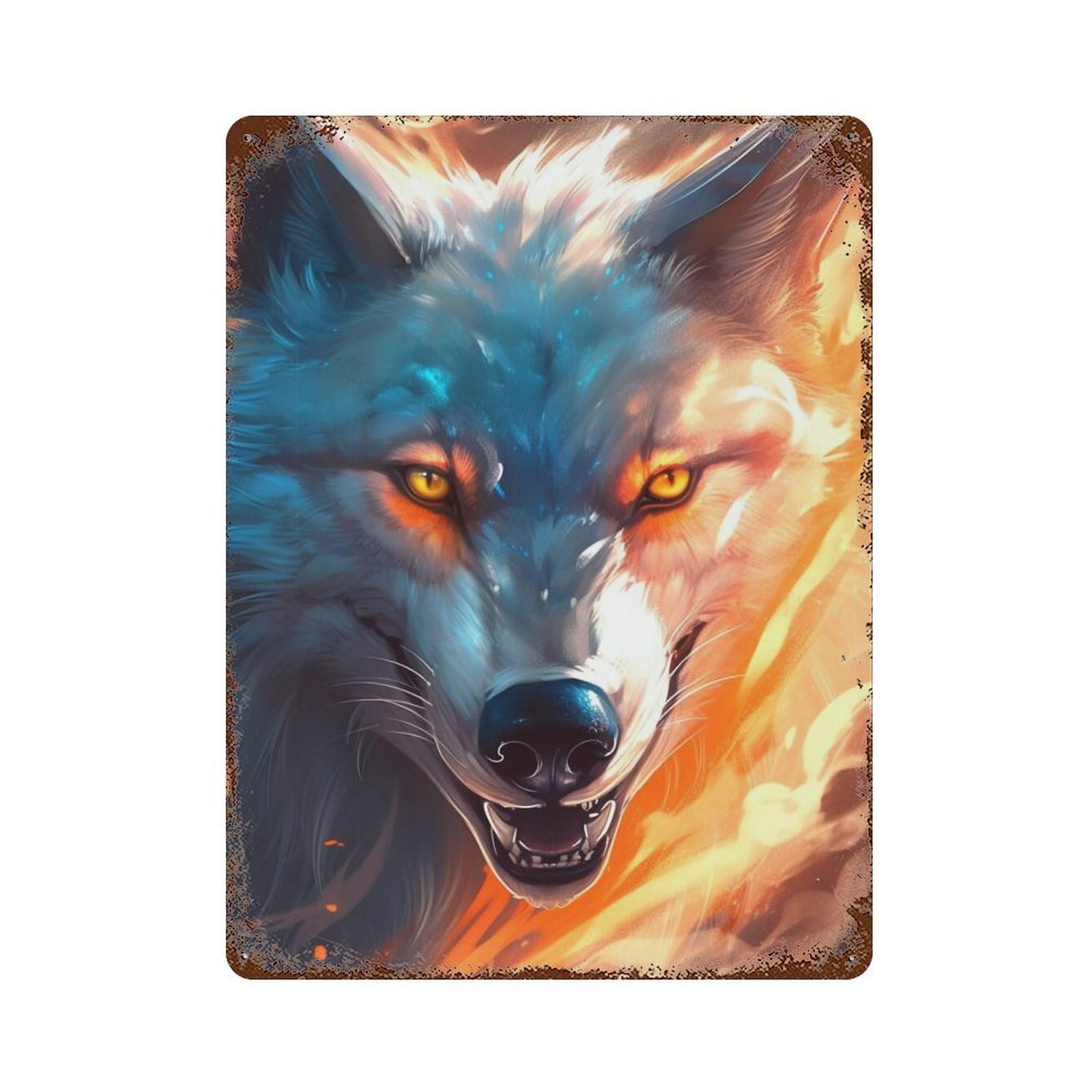 Retro Metal Sign with Flaming Wolf Fantasy Artwork -1 Design 15.7"x11.8", for Farmhouse, Kitchen And Entryway Decor, Shabby Chic Decor