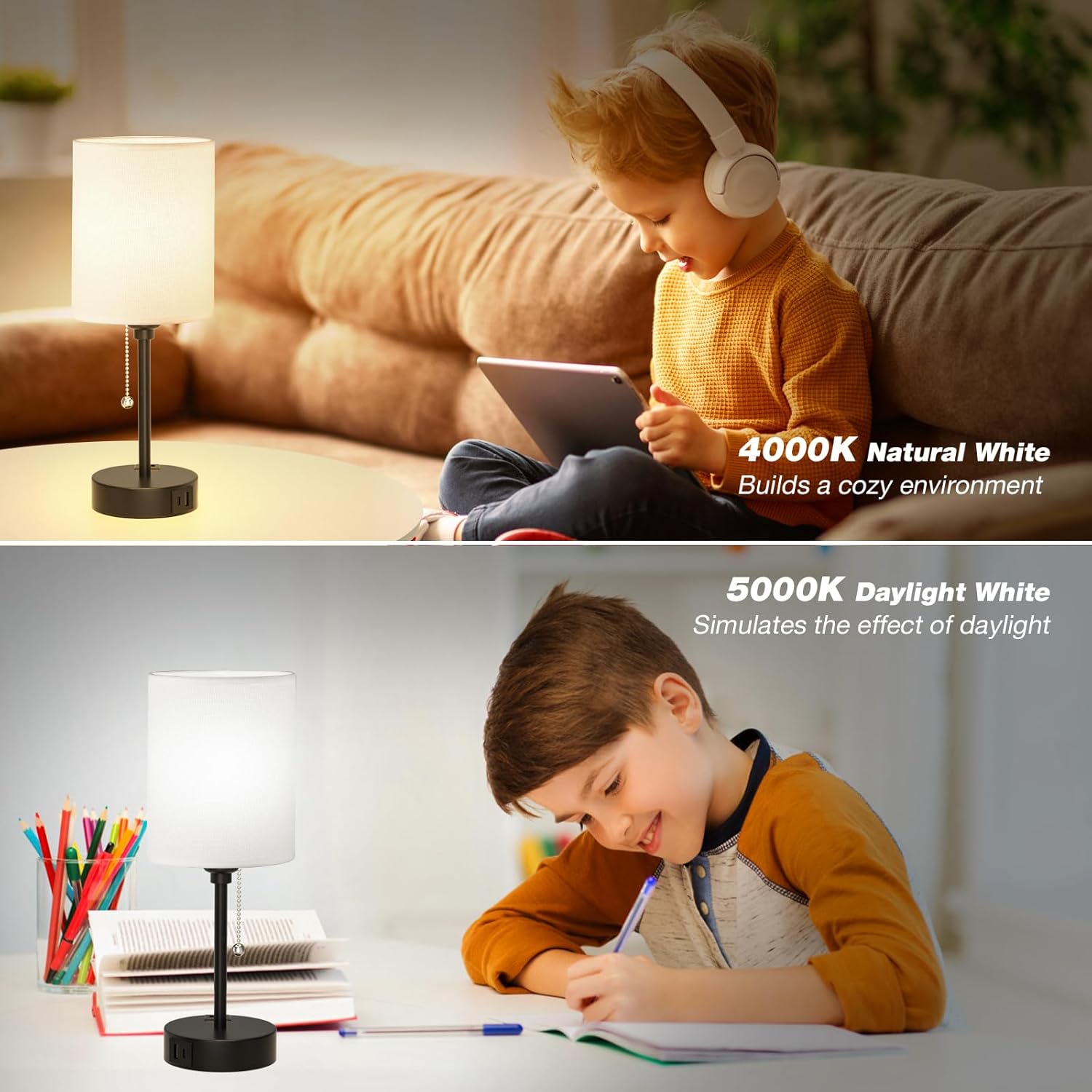 Small Bedside Table lamp for Bedroom - 3 Color Temperatures Bedside Lamps with USB C and A Ports, Pull Chain Table Lamps with AC Outlet, White Nightstand Lamps with Black Metal Base for Kids Reading 14.6in White