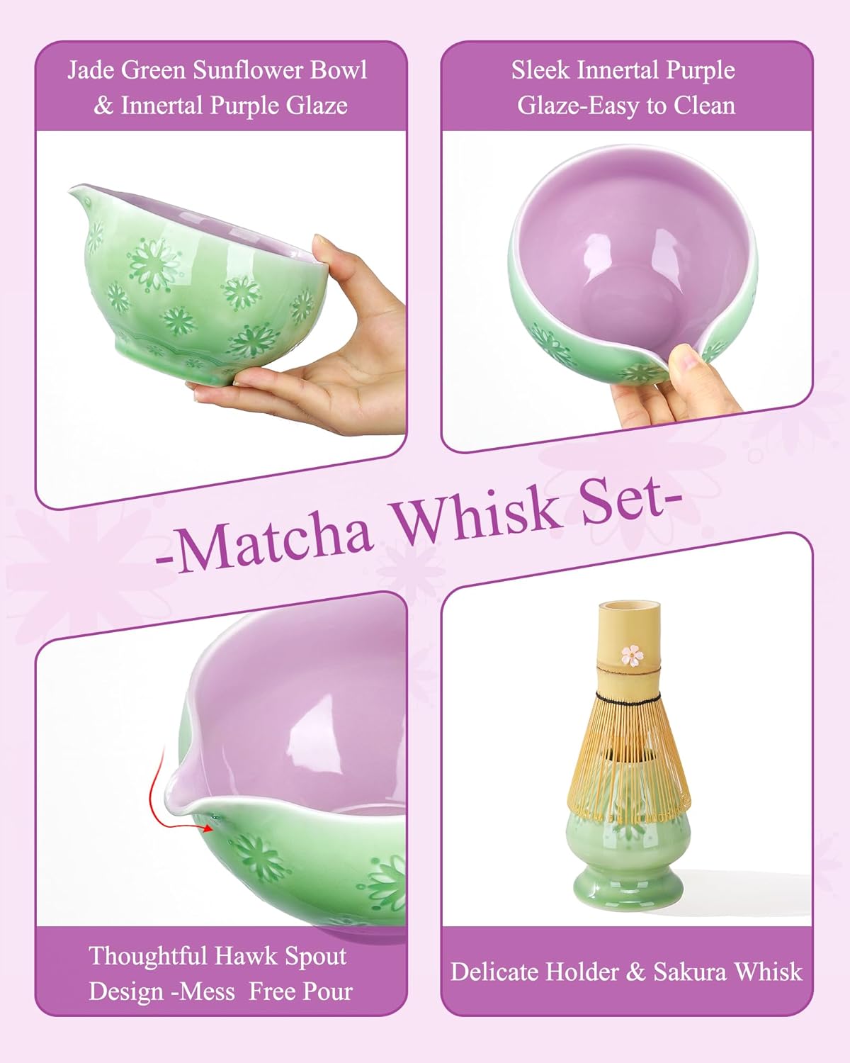 Matcha Whisk Set, 6pcs Matcha Kit Set Includes Matcha Bowl, Innovative Bamboo Whisk & Scoop with Cute Charm, Chasen Holder, 304 Sifter & Tea Mat for Japanese Tea Ceremony, Jade Green - Image 8