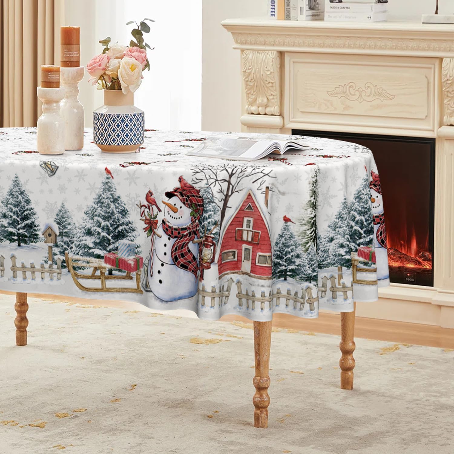 Horaldaily Christmas Tablecloth 60×84 Inch Oval, Winter Snowman House Christmas Trees White Washable Table Cover for Party Picnic Dinner Decor 60" x 84" (Oval) White