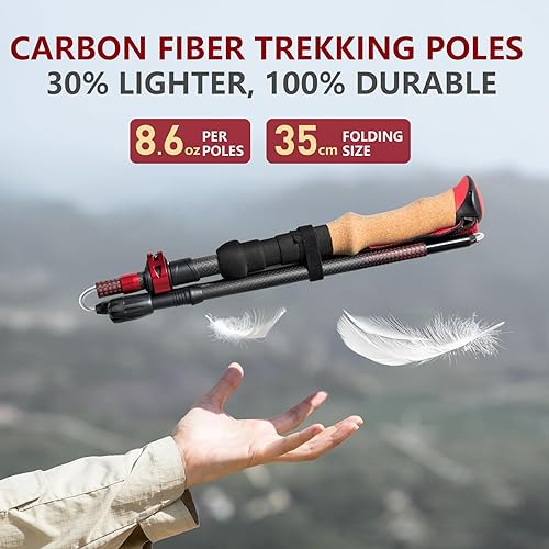 Miniatura 2 de BISINNA Bastones de senderismo de fibra de carbono plegables, bastones ligeros con mango de corcho, cierre rápido para mujeres y hombres, 2 unidades