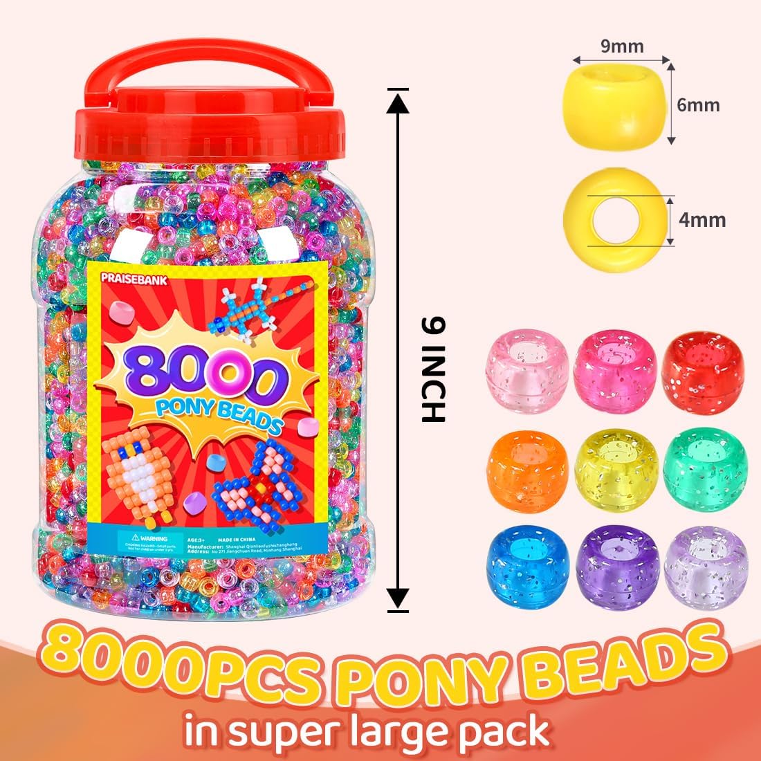Praisebank Pony Beads, 8000pcs 6x9mm, Wholesale Beads, Bracelets Jewelry Making, Arts & Crafts(Glitter)