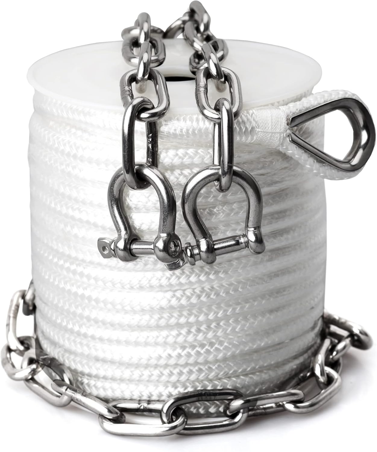 Boat Anchor Rope 3/8" x 100' Premium Solid Double Braided Nylon Anchor Line,with 1/4" x 4' Stainless Steel Anchor Chain,with Thimble & Shackle (White)