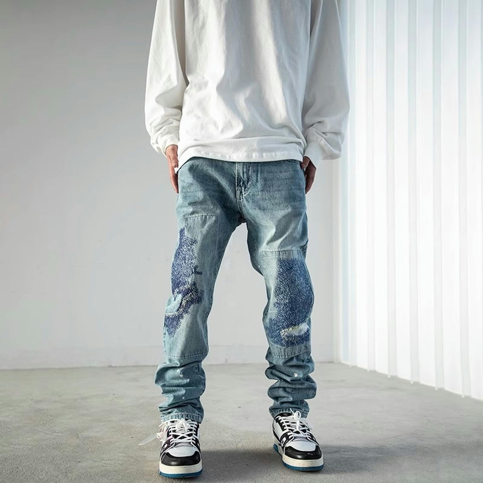 Pantaloni da Uomo Street Jeans Patchwork-Blu-XXL