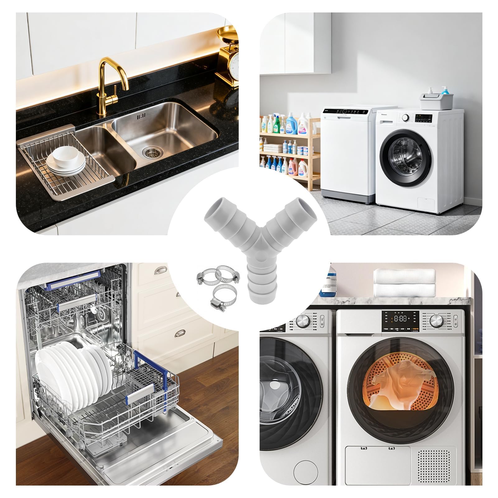 3-drożny rozdzielacz Y do węży odpływowych, złączka do węża odpływowego 20 mm, rozdzielacz odpływu, adapter do pralki i zmywarki, przyłącze do odpływu z 3 opaskami, idealny do kuchni i łazienki(szary)